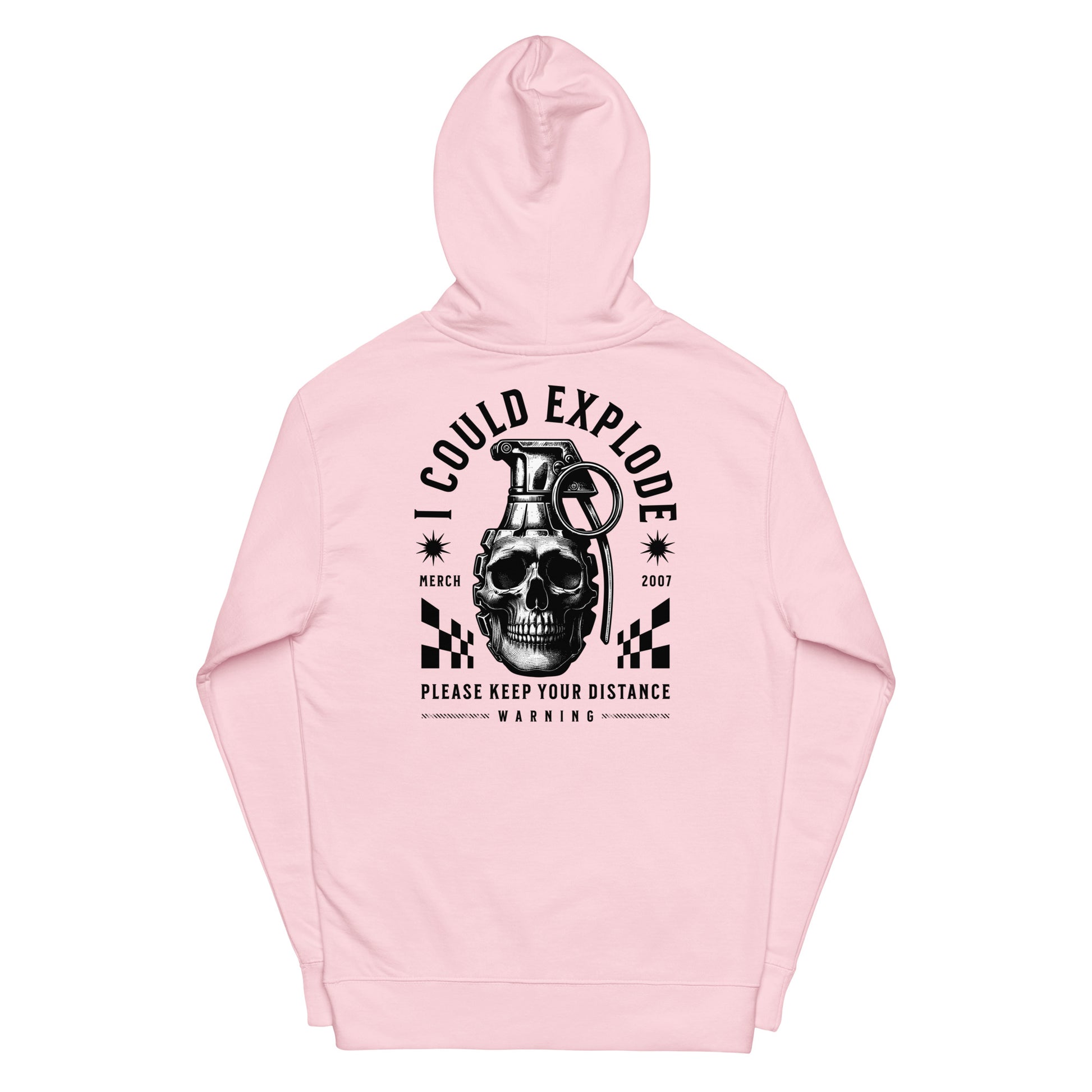 Pink hoodie with a graphic design featuring a skull and text on a white background