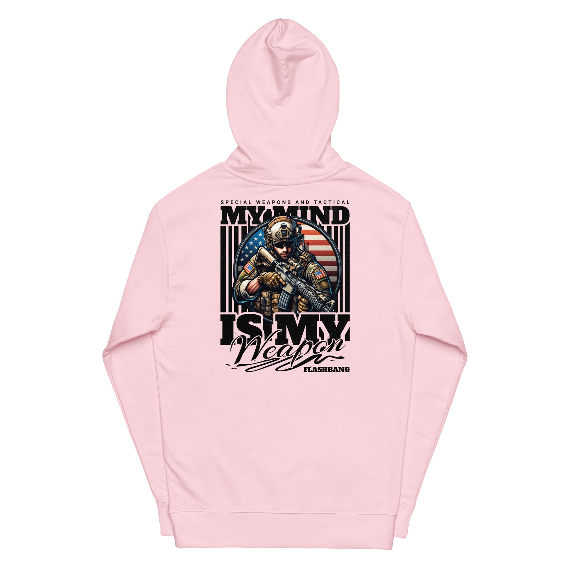 Pink hoodie with graphic design and text on a white background