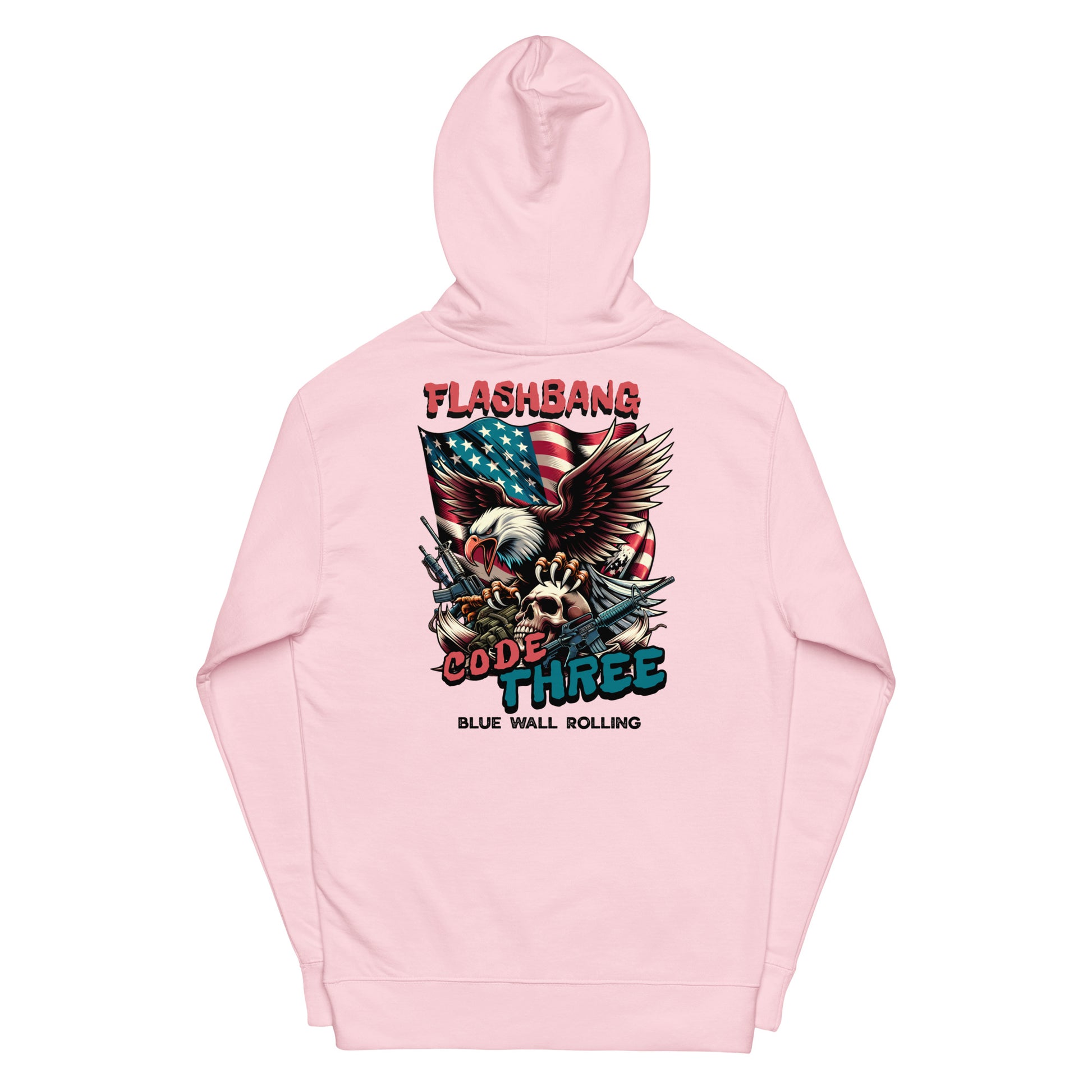 Pink hoodie with graphic design and text on a white background