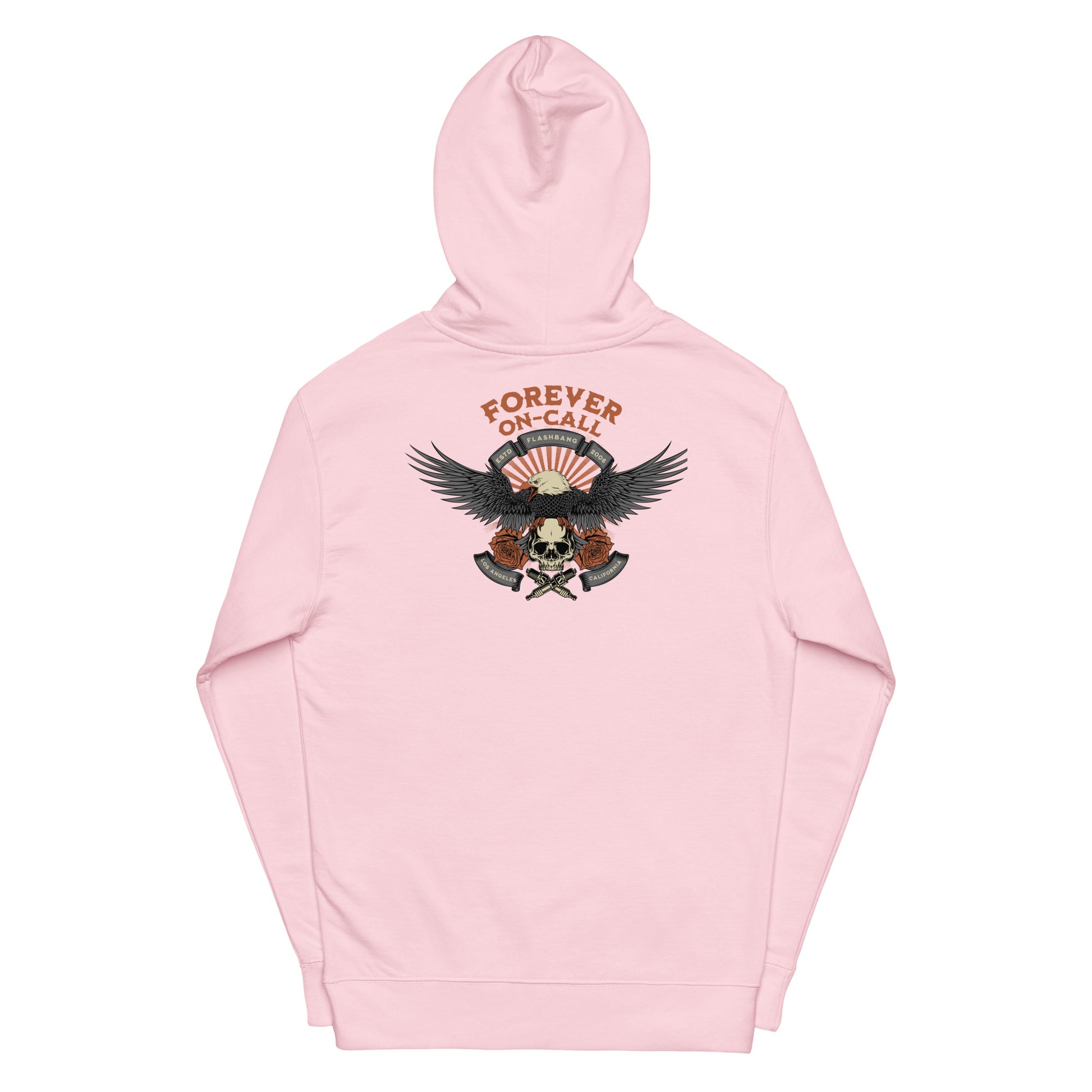 Pink hoodie with an eagle and skull design on a white background