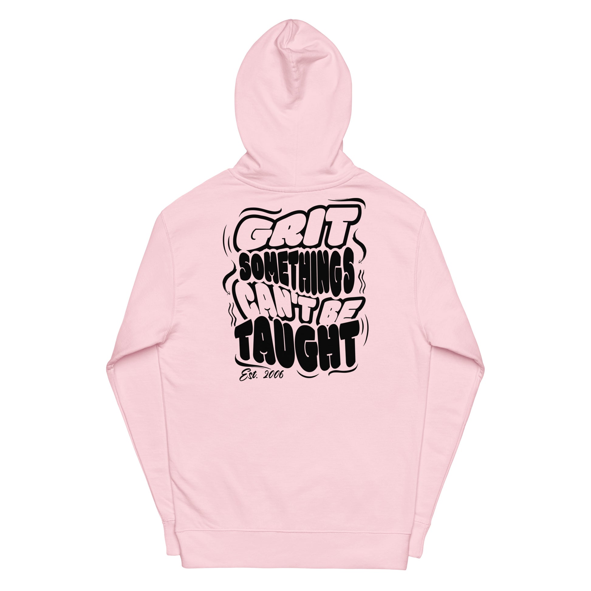 Pink hoodie with black text on a white background