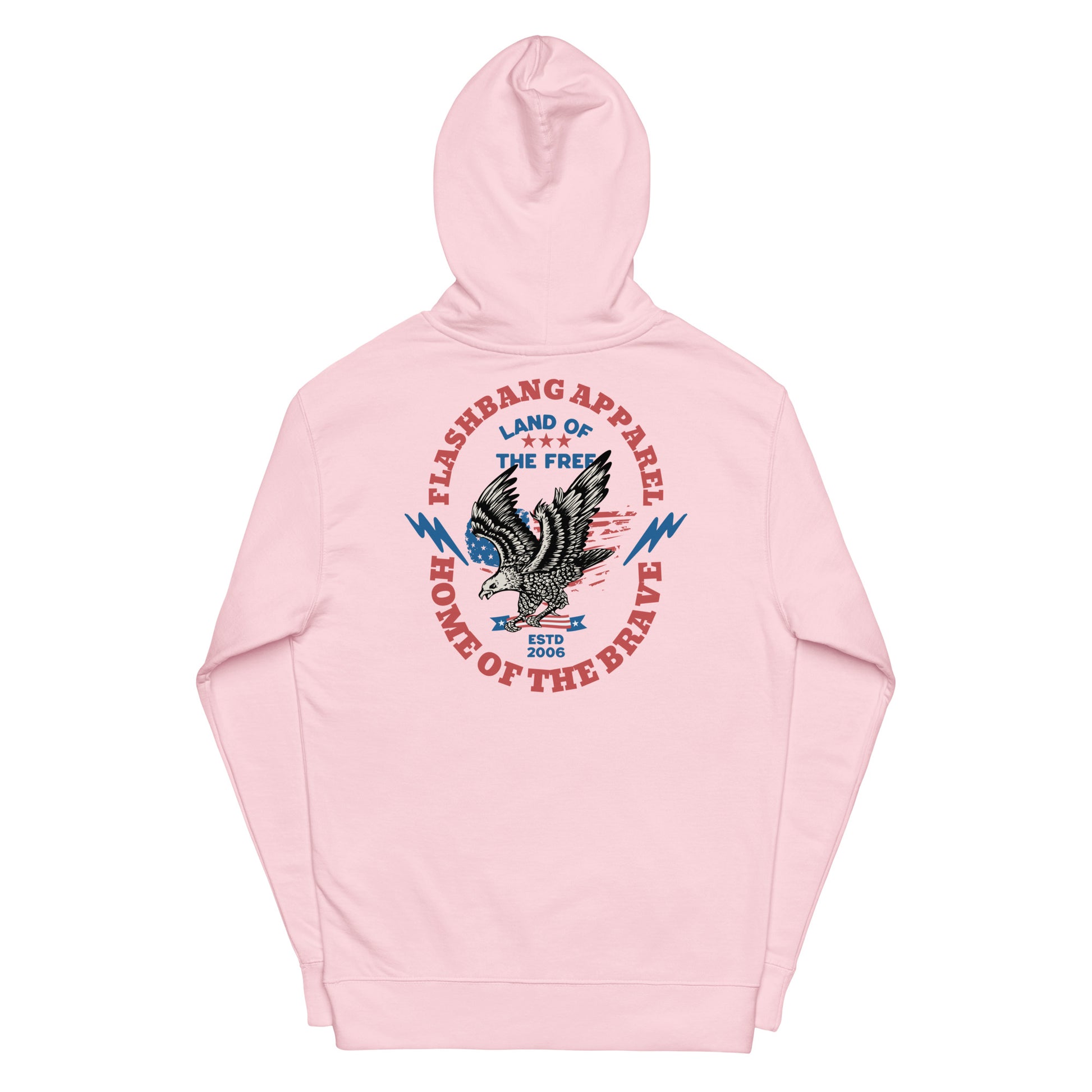 Pink hoodie with graphic design on a white background
