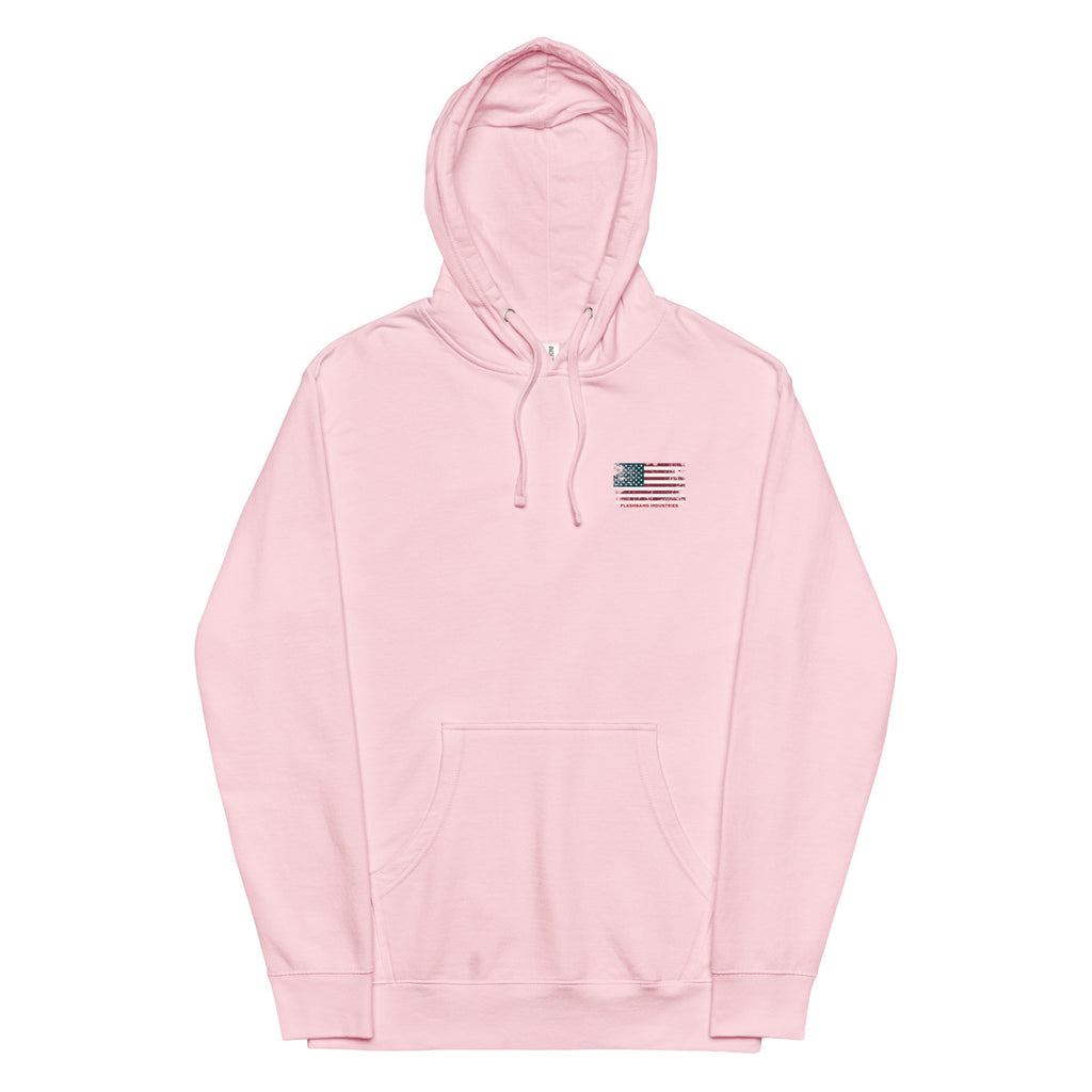 Pink hoodie with a small flag patch on a white background