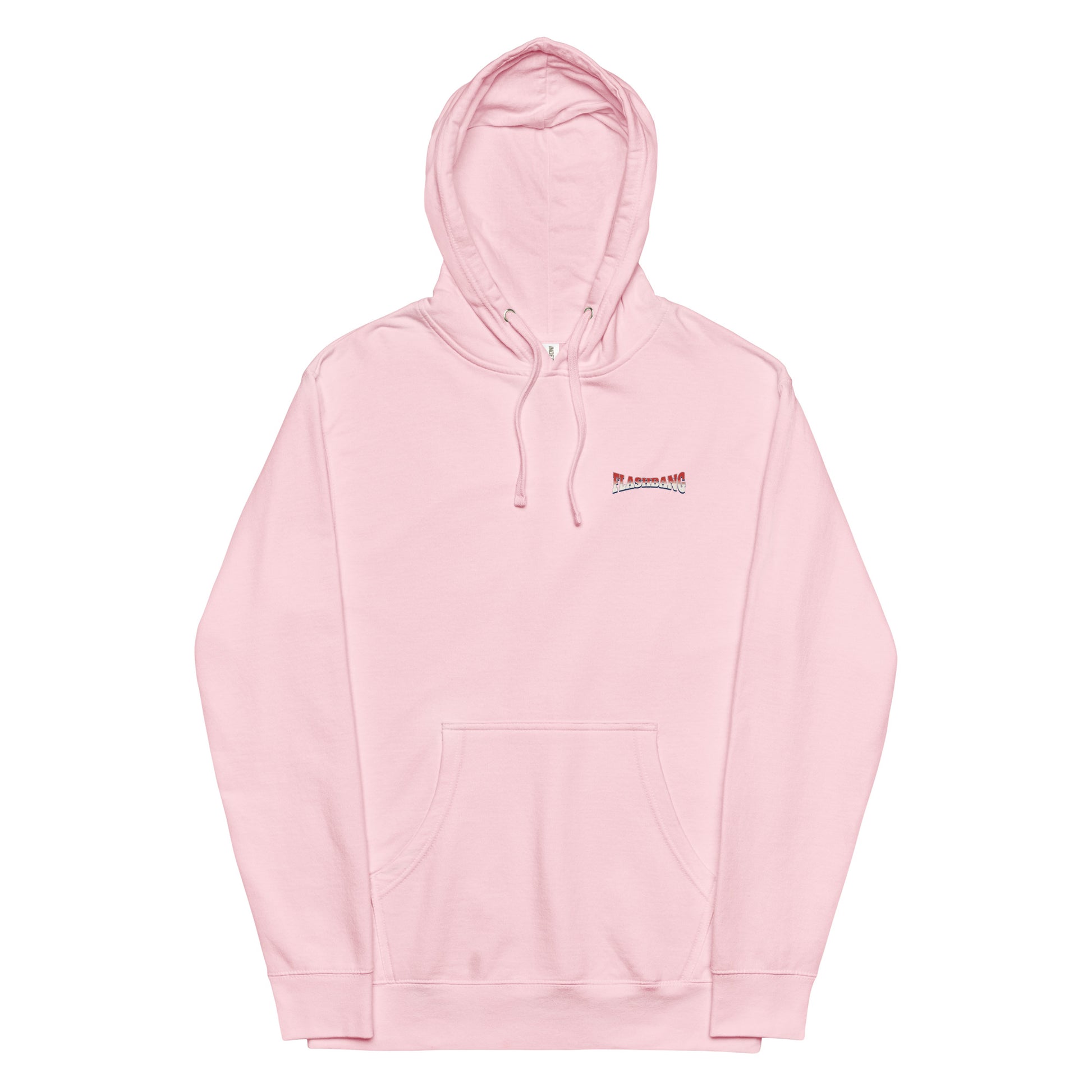Pink hoodie with a small logo on the chest against a white background