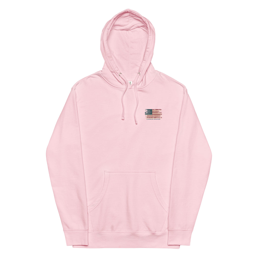 Pink hoodie with a small flag patch on a white background