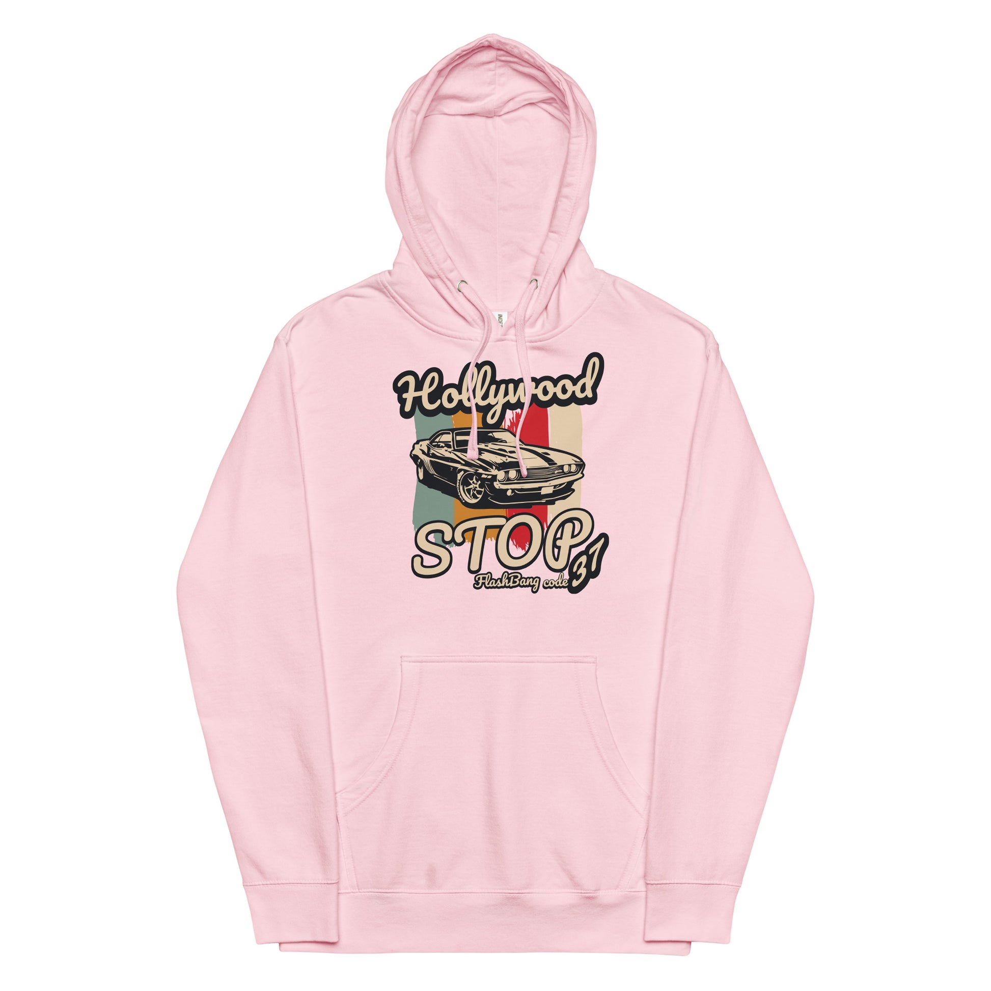 Pink hoodie with a graphic design on a white background
