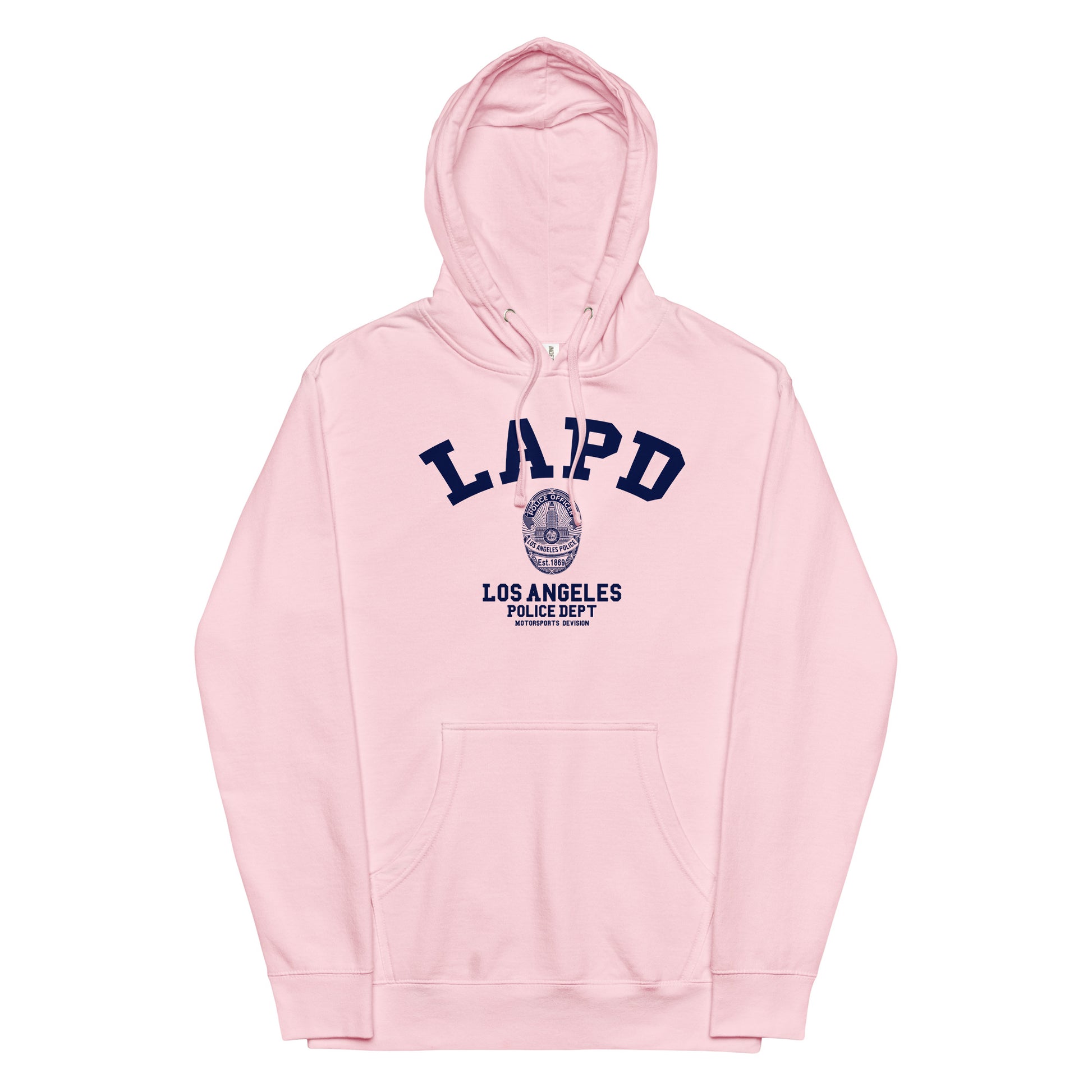 Pink hoodie with LAPD Los Angeles Police Dept logo on a white background