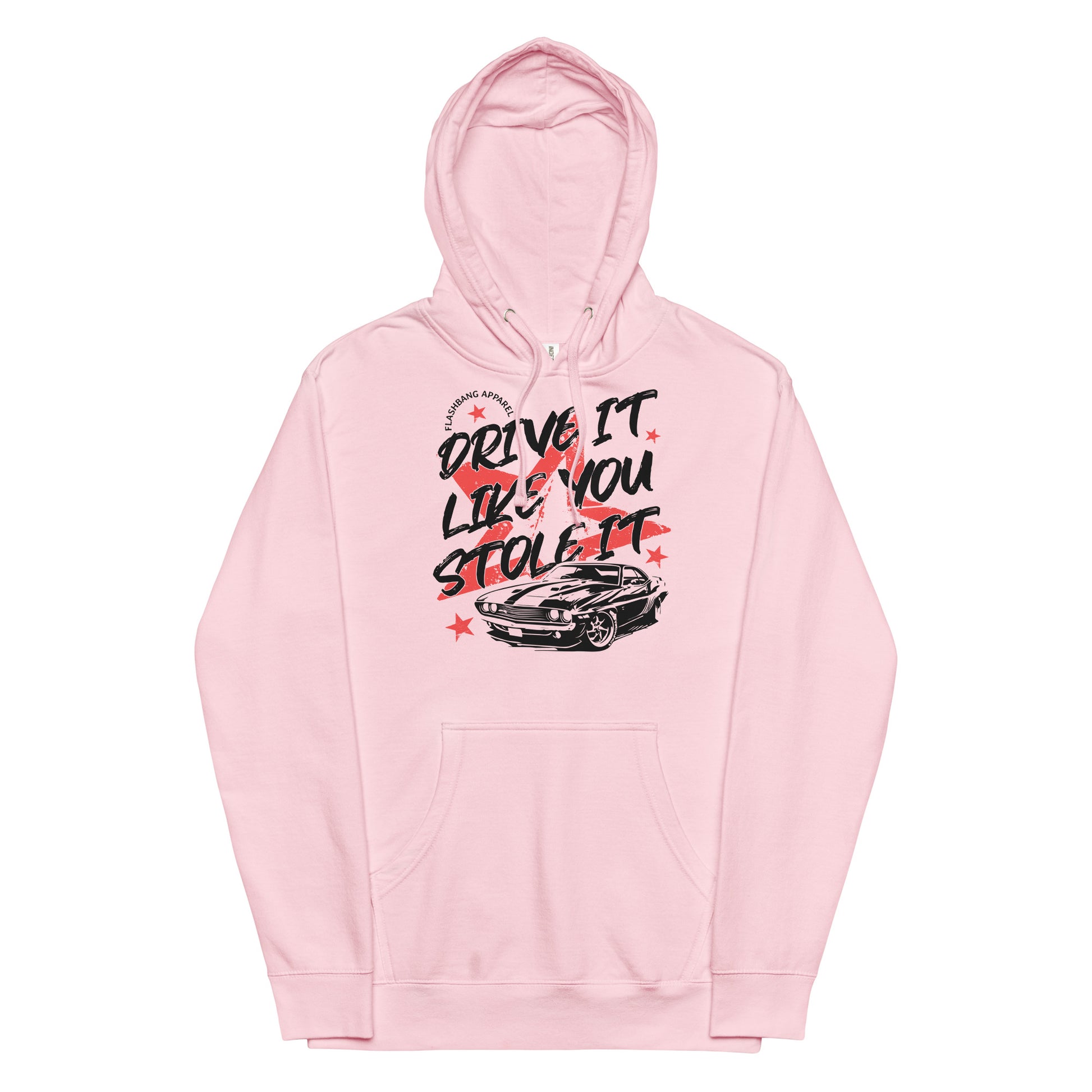 Pink hoodie with graphic design and text on a white background