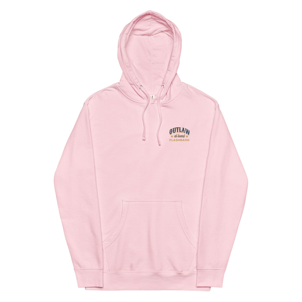 Pink hoodie with a brand logo on a white background