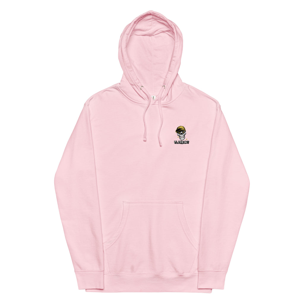 Pink hoodie with a small logo on the chest against a white background