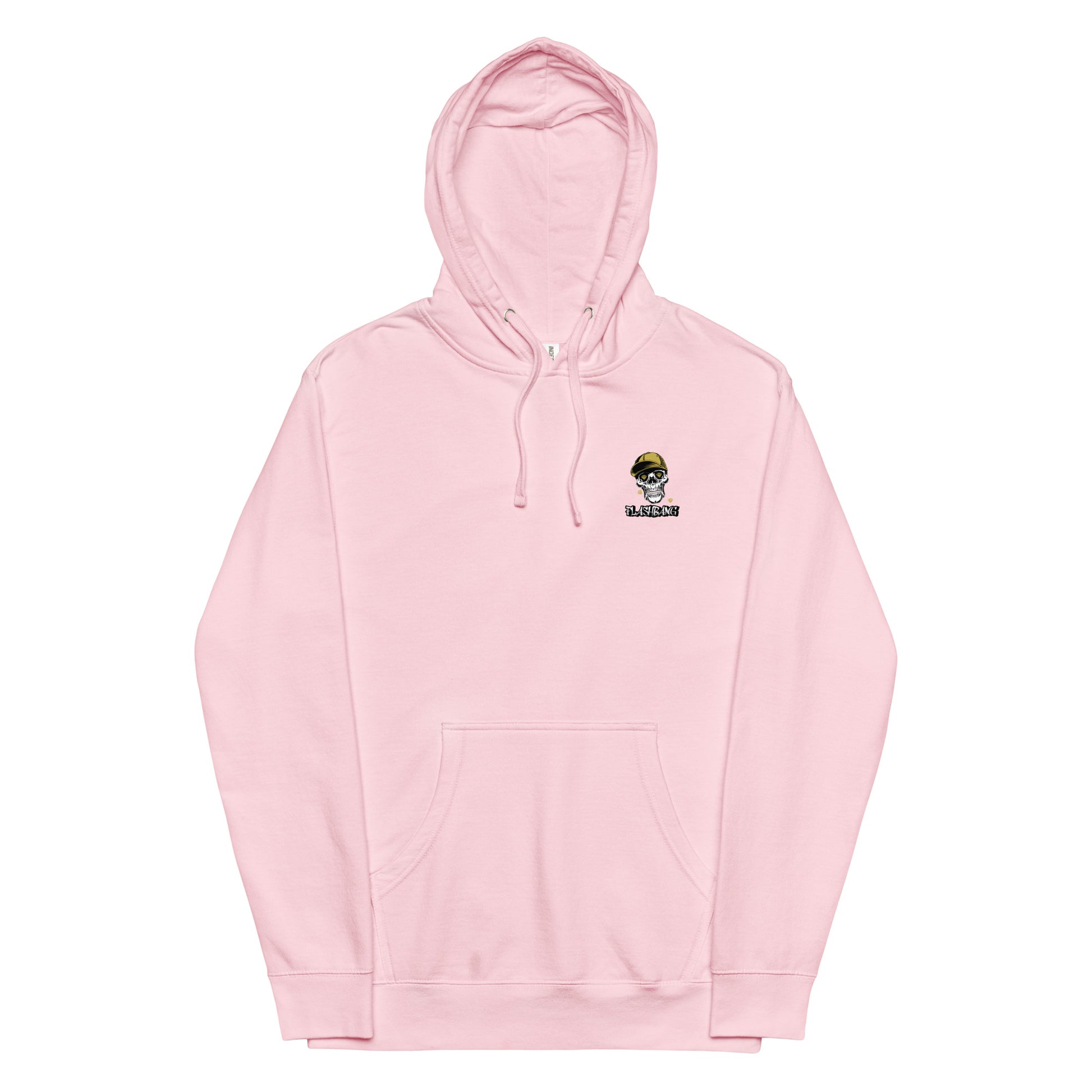 Pink hoodie with a small logo on the chest against a white background