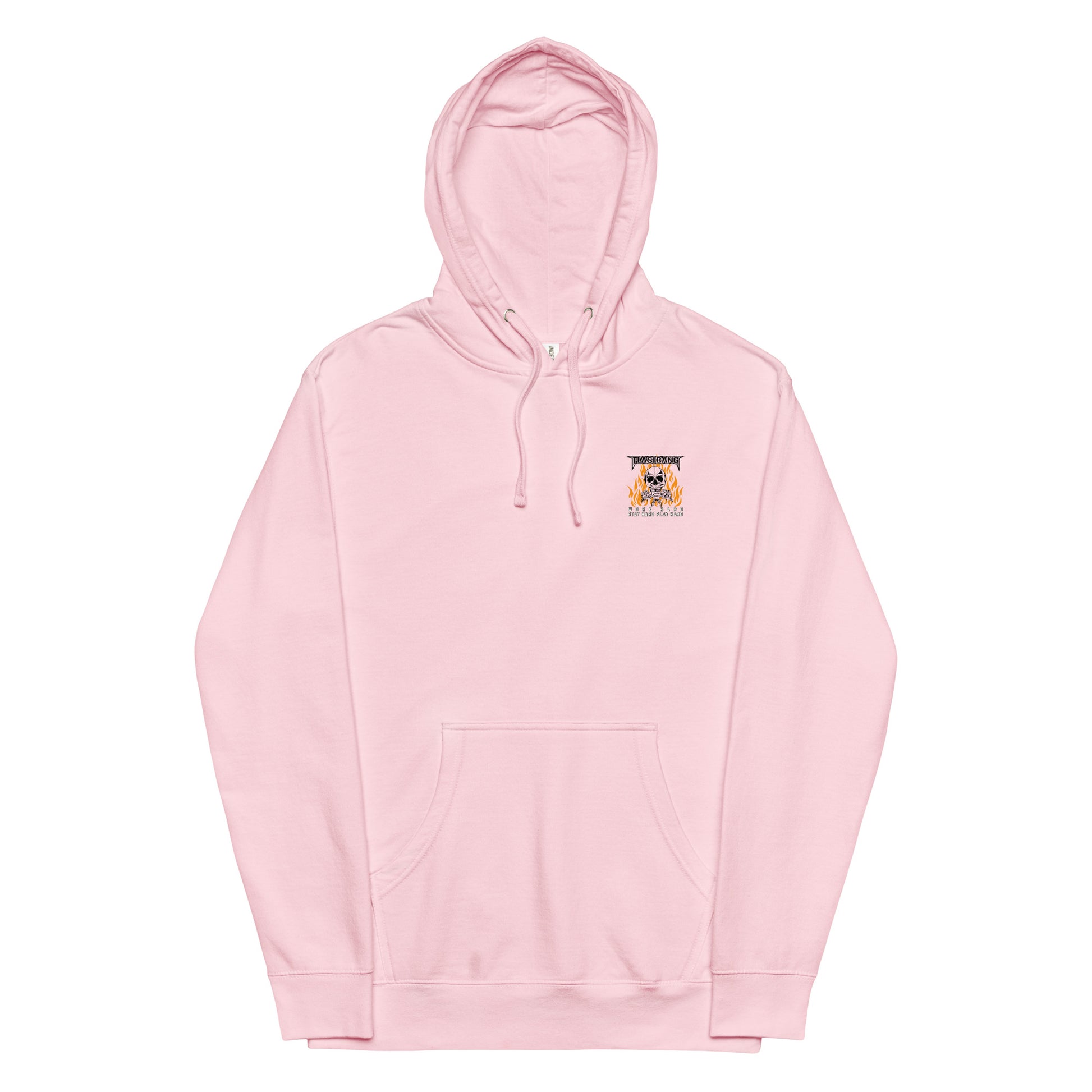 Pink hoodie with a small logo on the chest against a white background