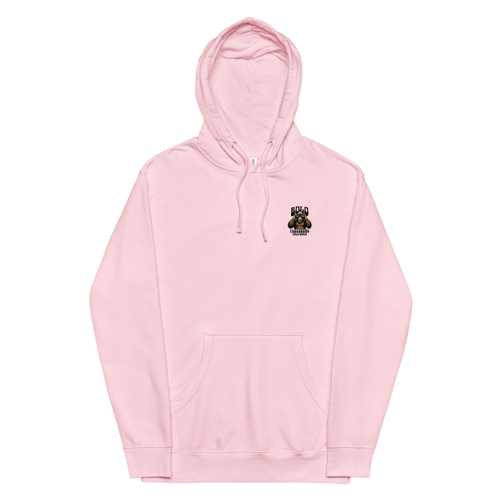 Pink hoodie with a small logo on the chest against a white background