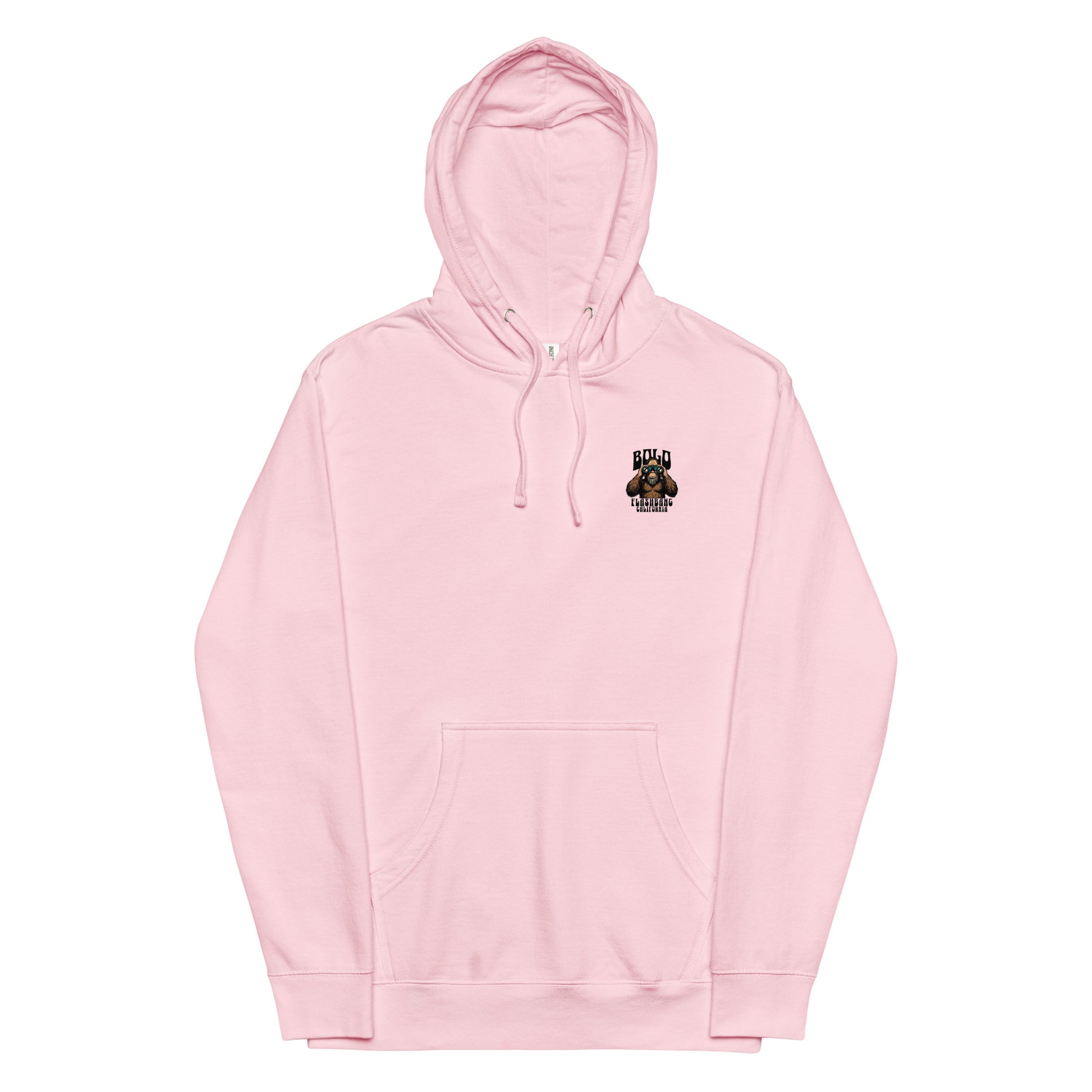 Pink hoodie with a small logo on the chest against a white background