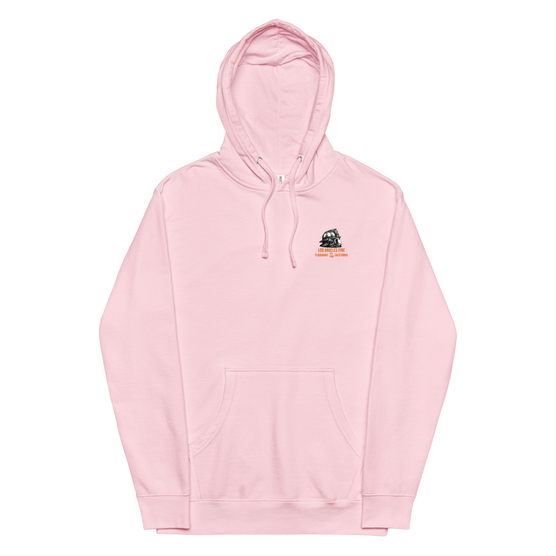 Pink hoodie with a small logo on the chest against a white background