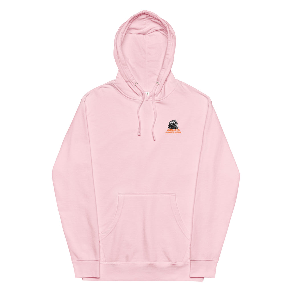 Pink hoodie with a small logo on the chest against a white background