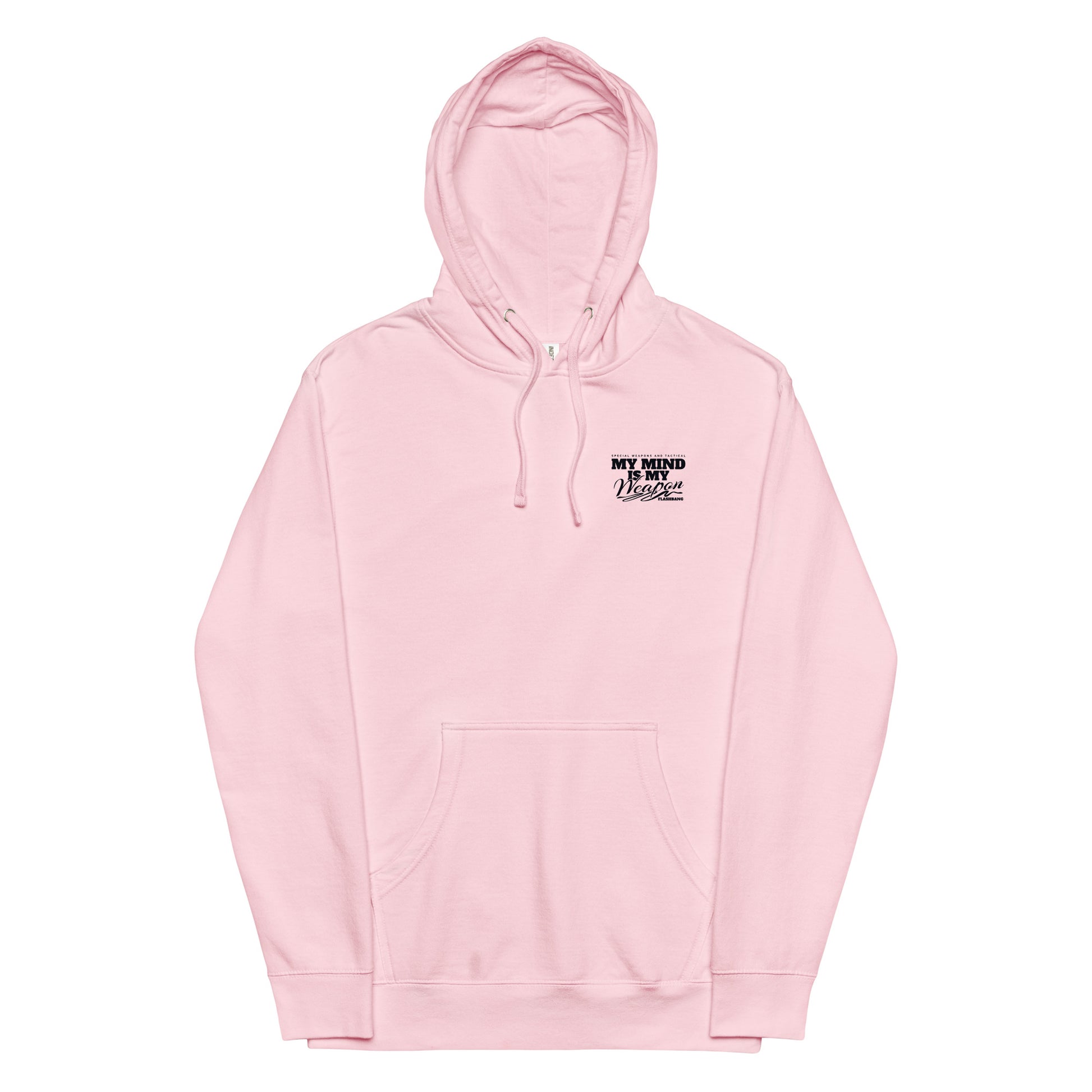Pink hoodie with text on a white background