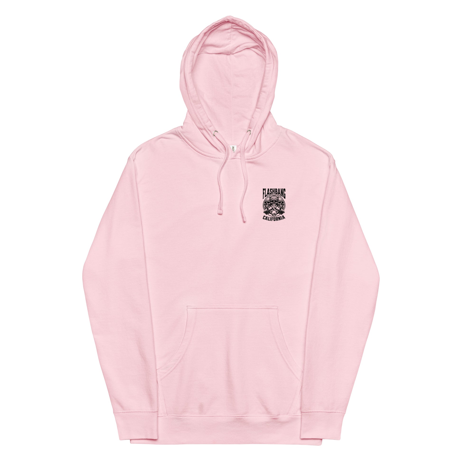 Pink hoodie with a logo on the chest against a white background