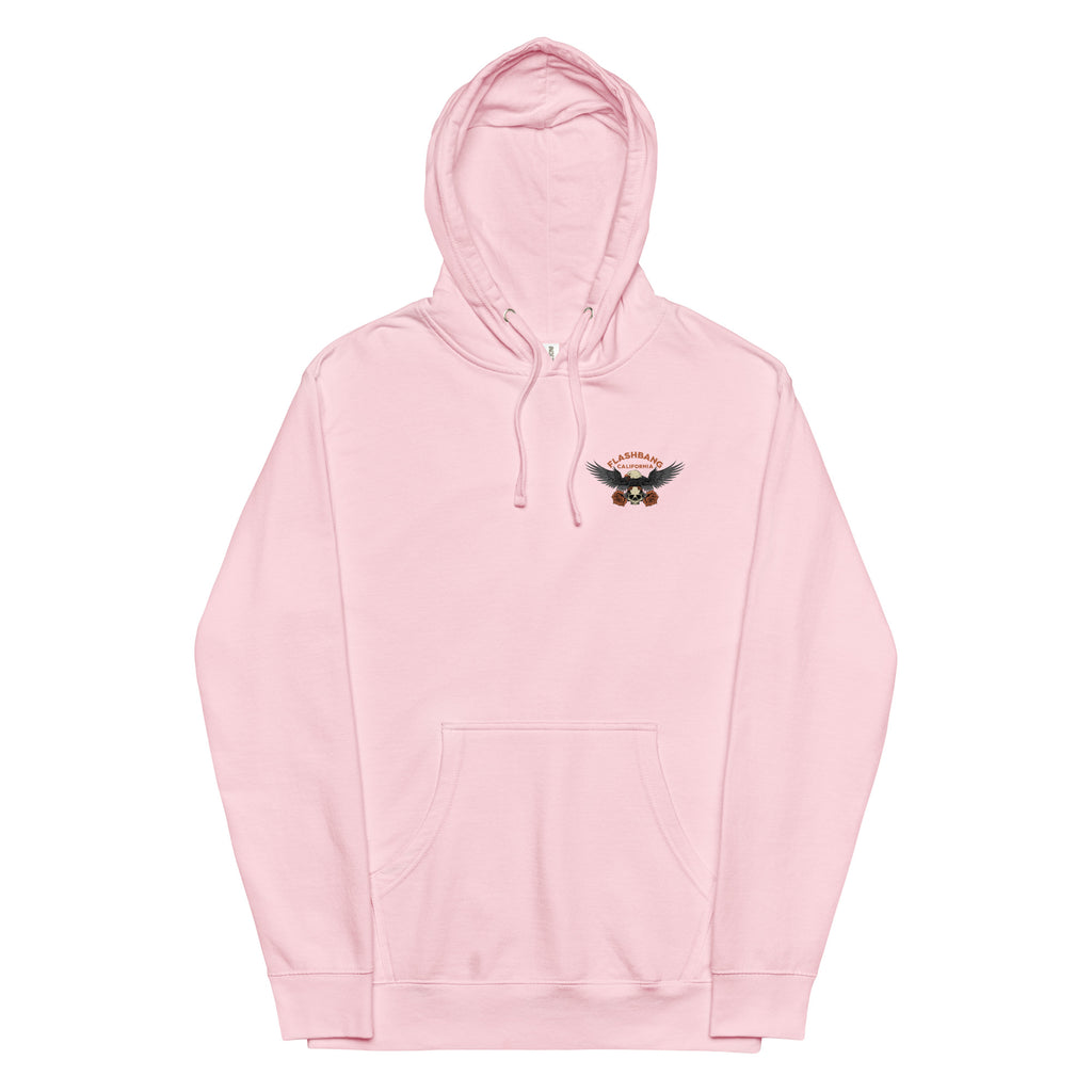 Pink hoodie with a small graphic on the chest against a white background