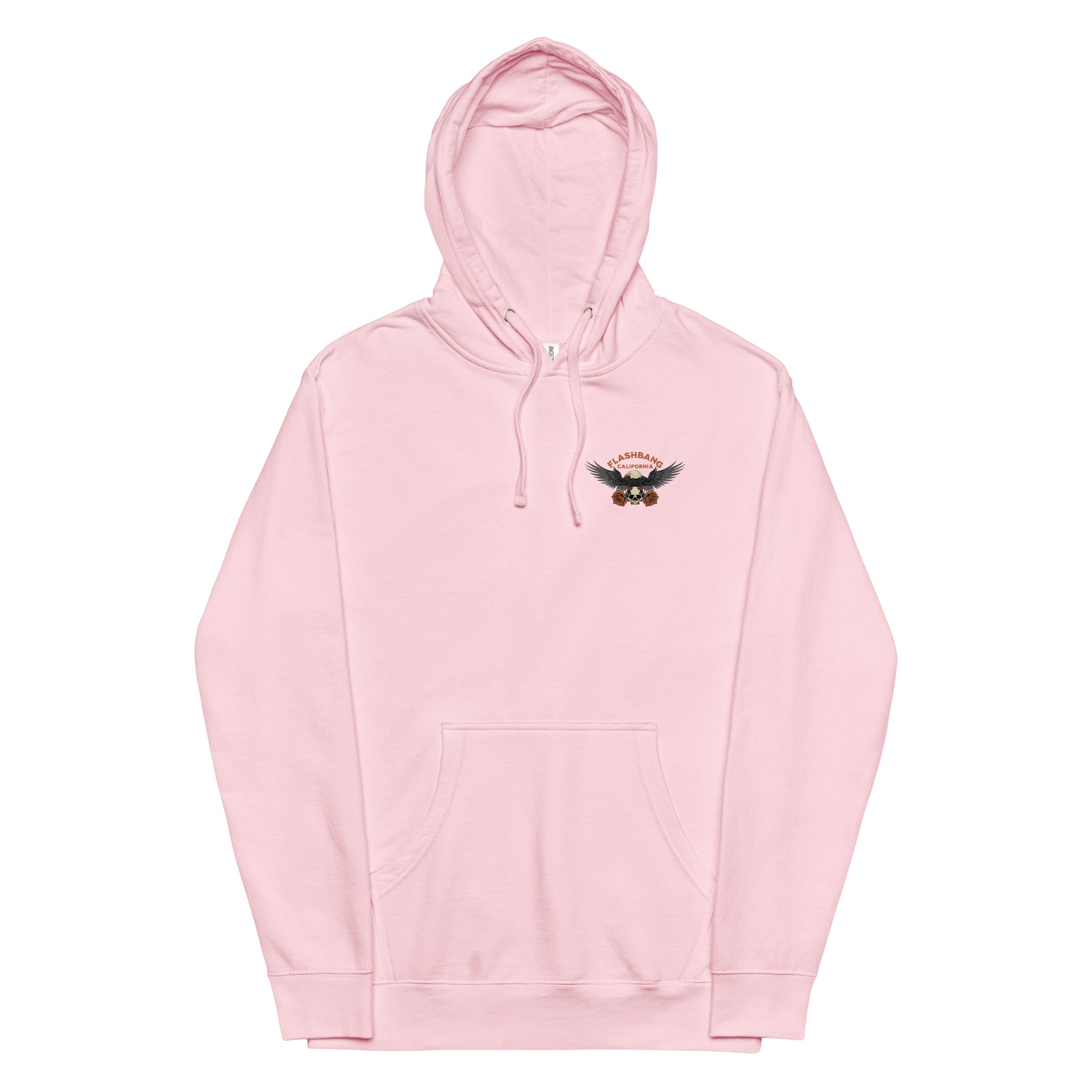 Pink hoodie with a small graphic on the chest against a white background