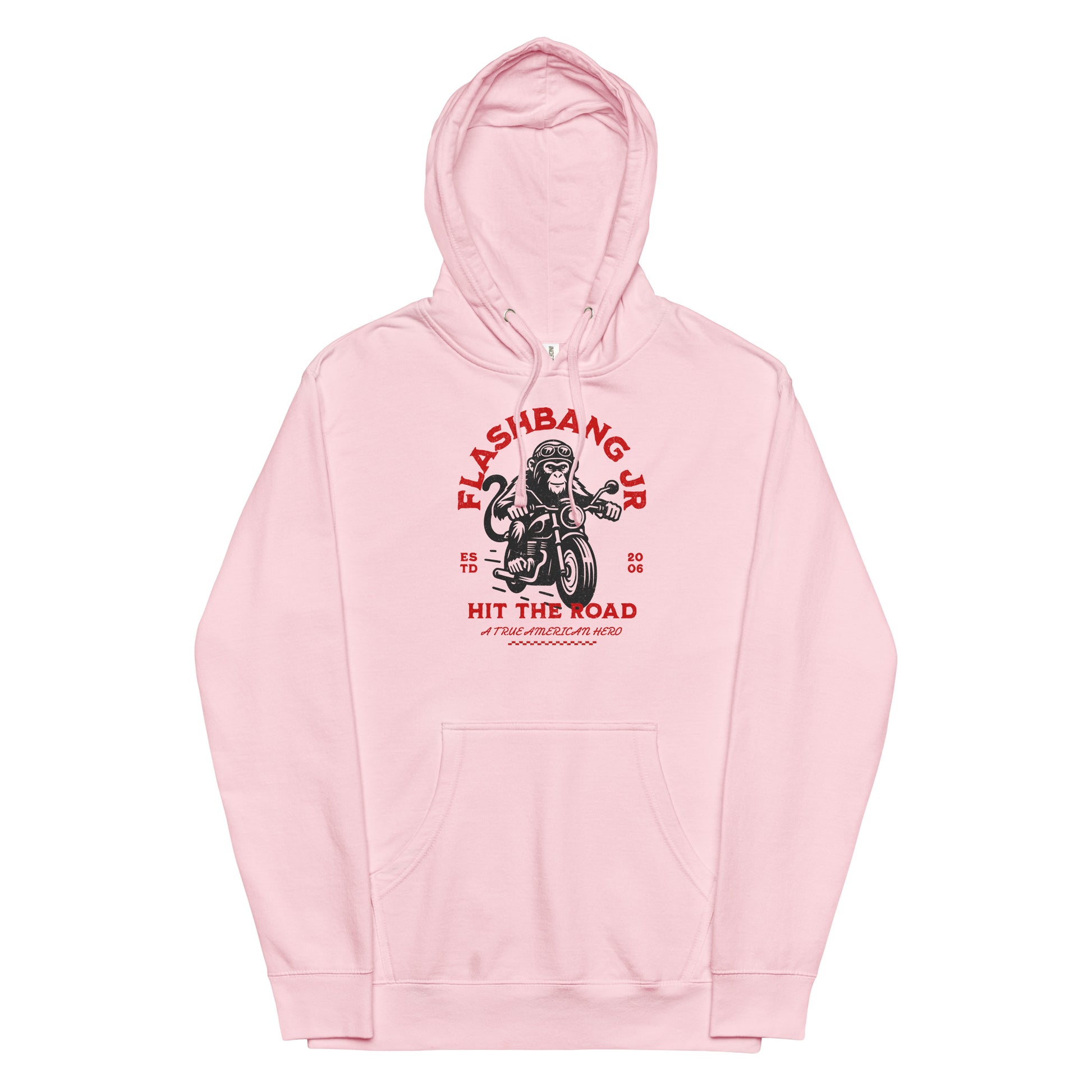 Pink hoodie with graphic design on a white background