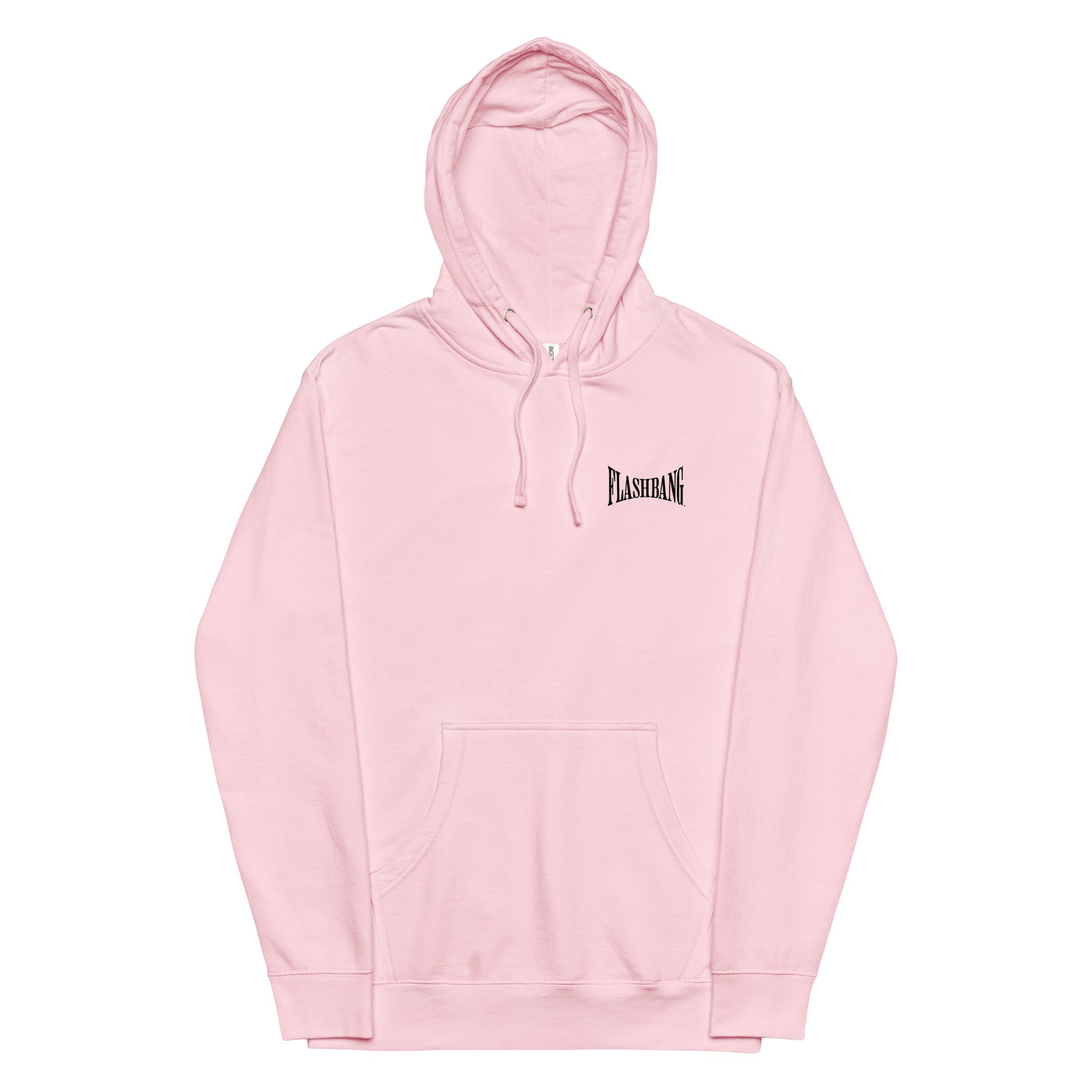 Pink hoodie with a brand logo on a white background