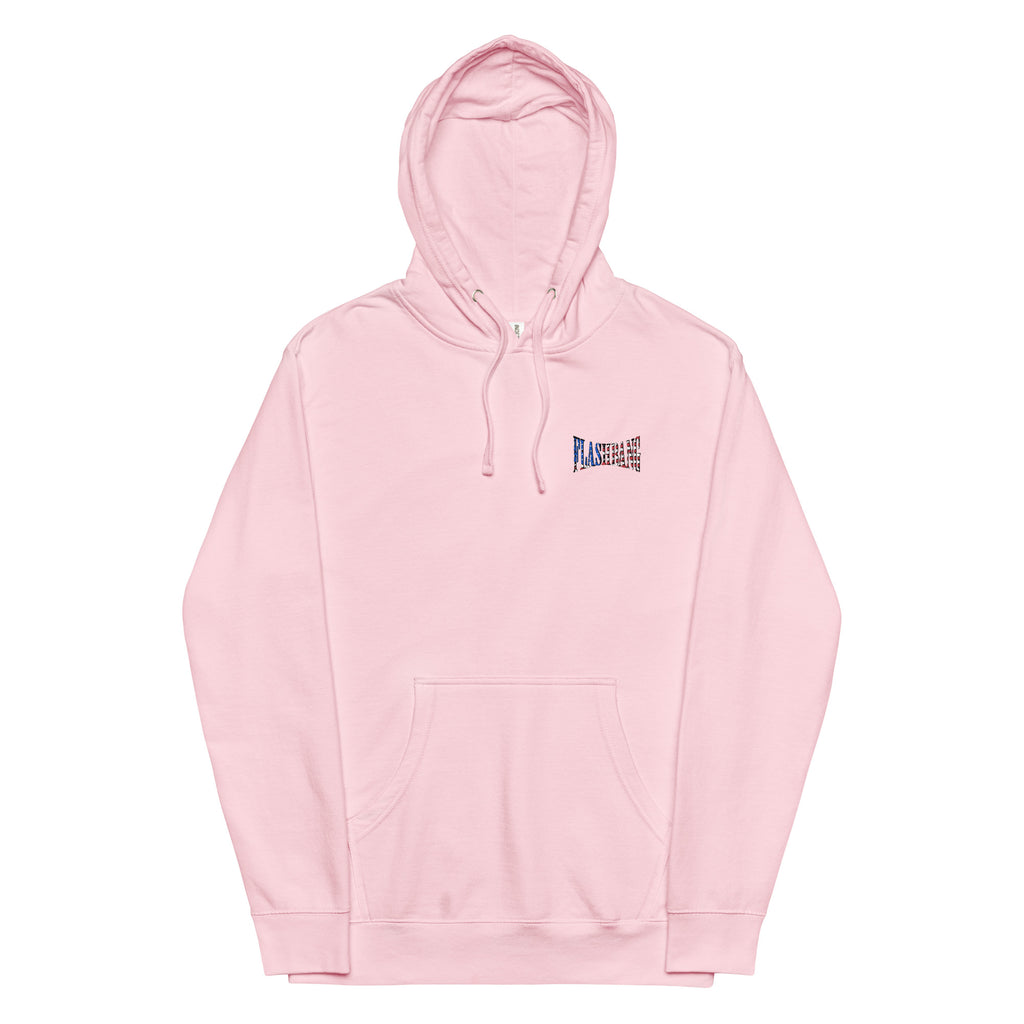 Pink hoodie with a logo on the chest against a white background