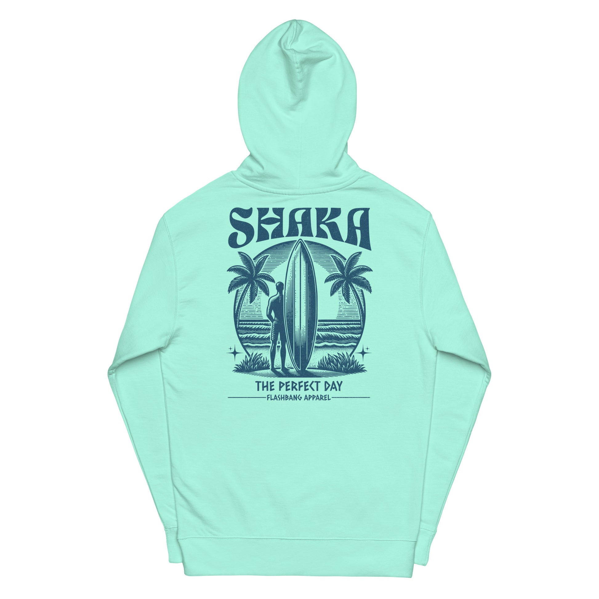 Mint green hoodie with a graphic design on the back on a white background