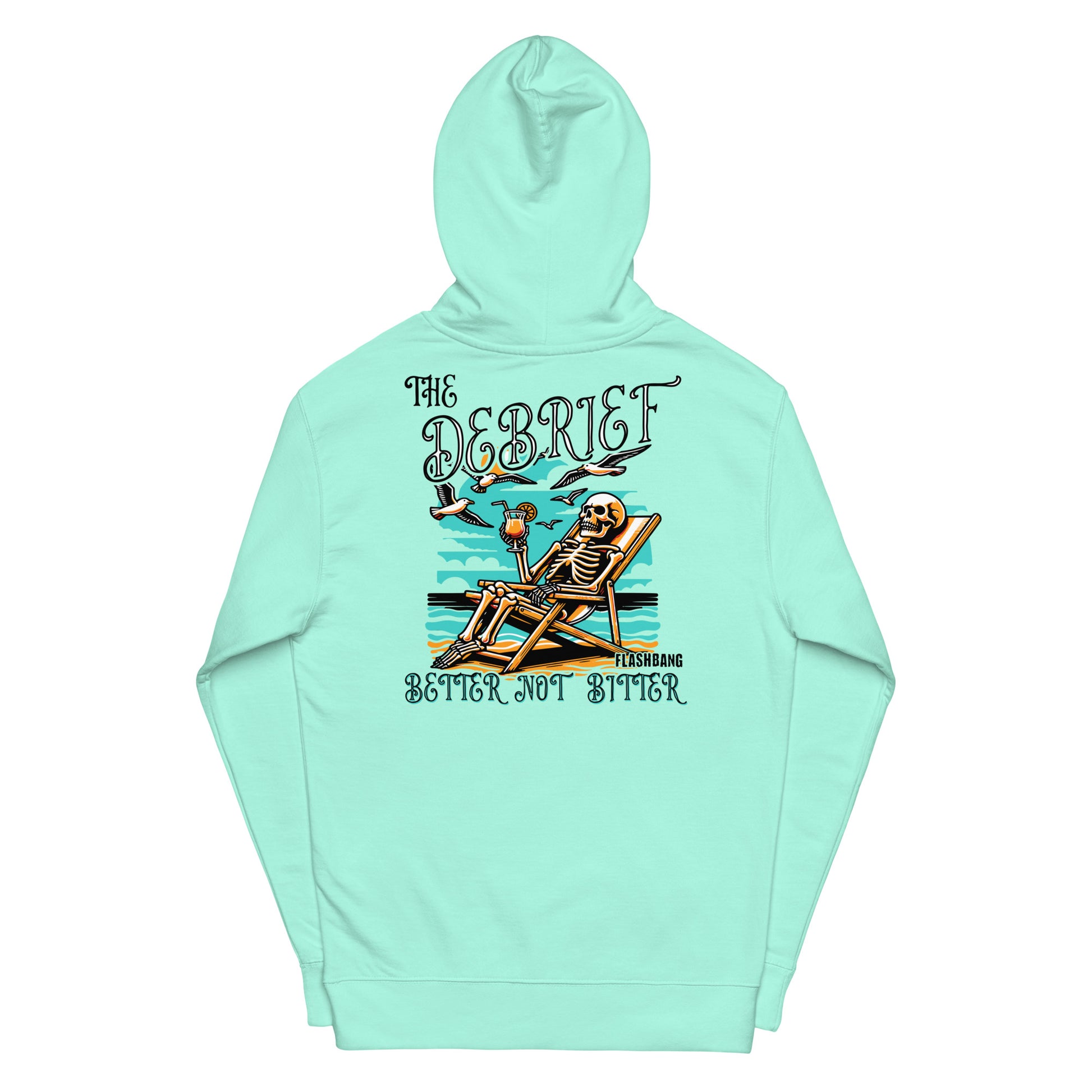 Mint green hoodie with skeleton design and text on a white background