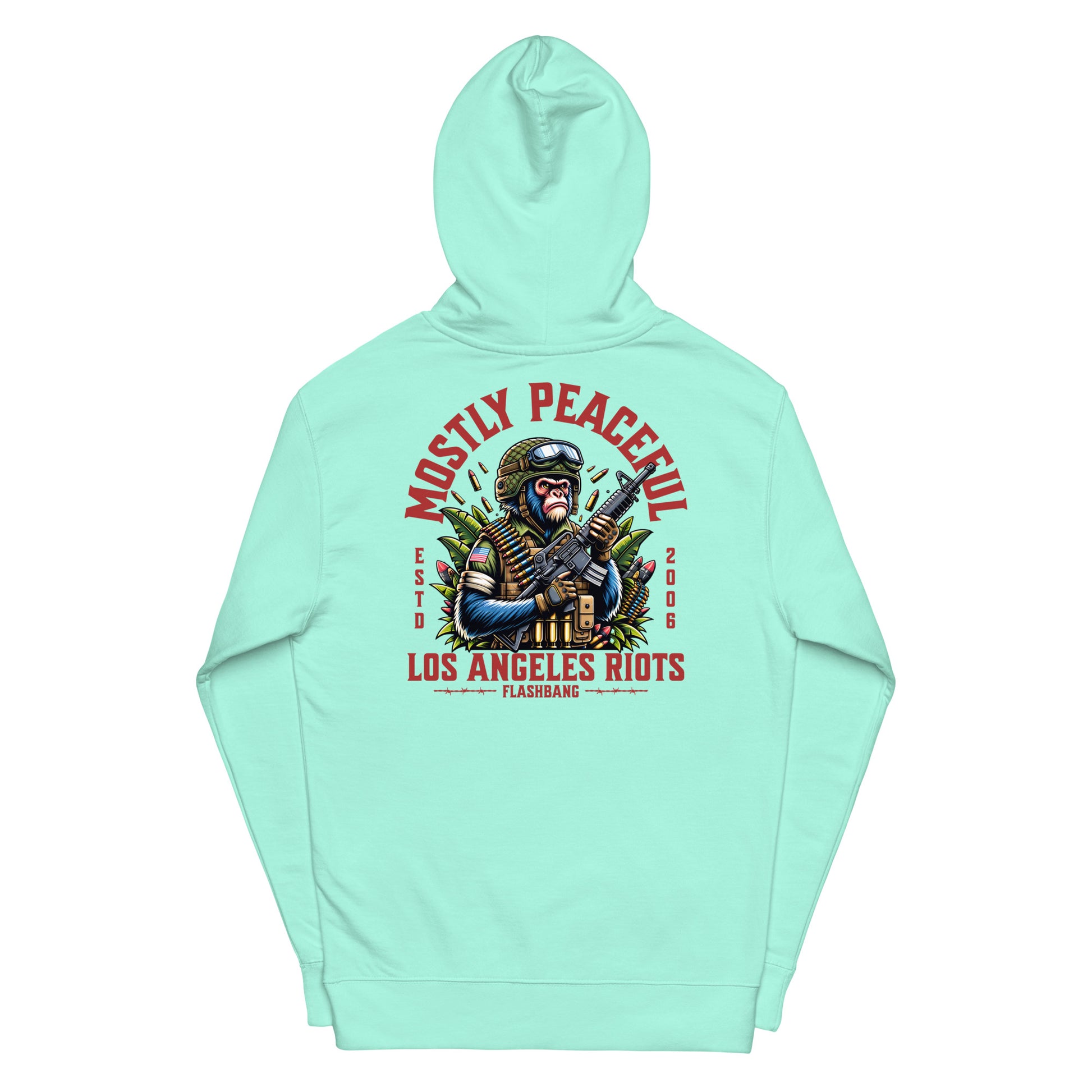 Mint green hoodie with graphic design and text on a white background