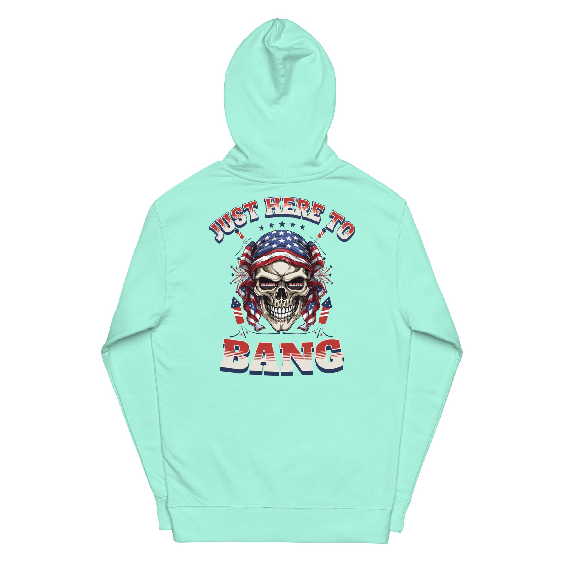 Mint green hoodie with skull graphic and text on a white background