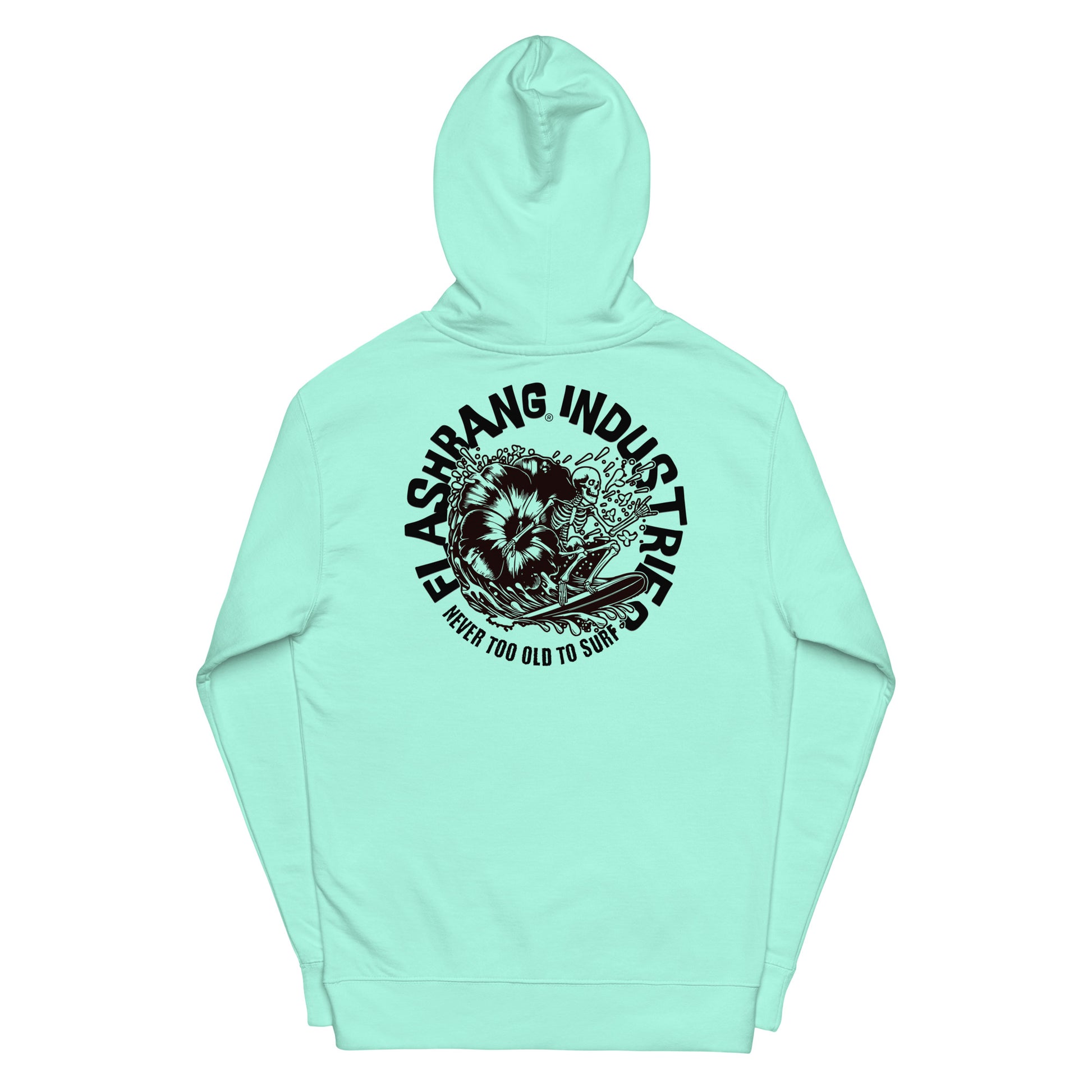 Mint green hoodie with black graphic and text on a white background