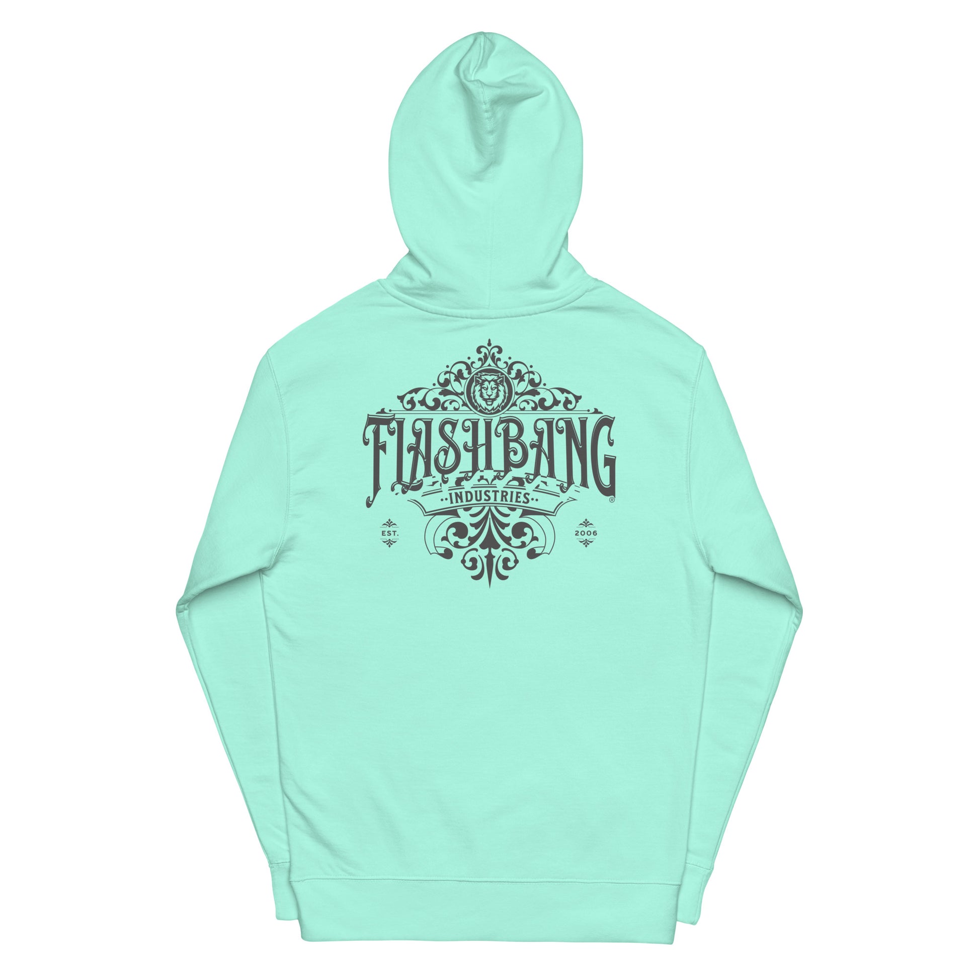 Mint green hoodie with 'Flashbang Industries' logo on a white background