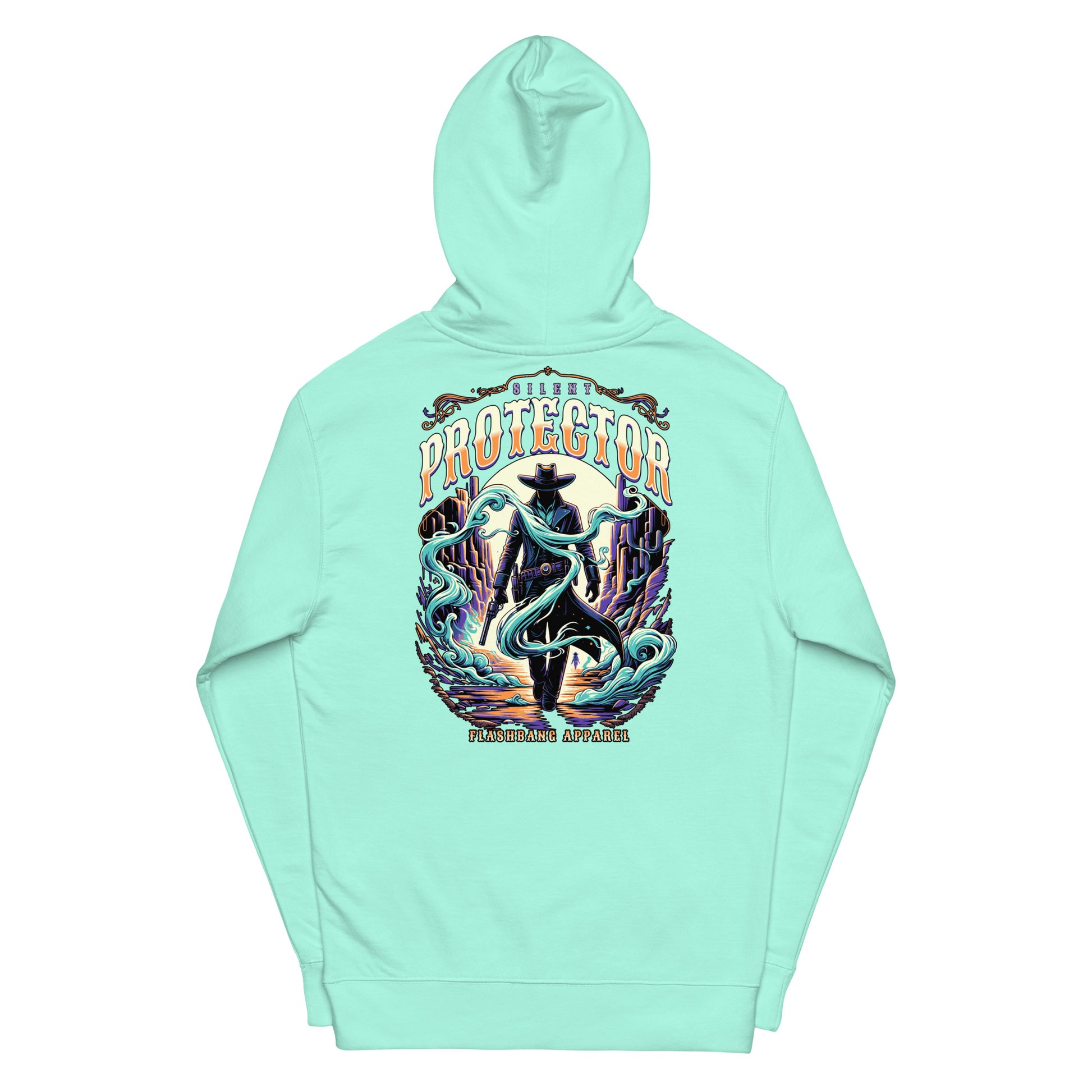 Mint green hoodie with a colorful graphic design on a white background