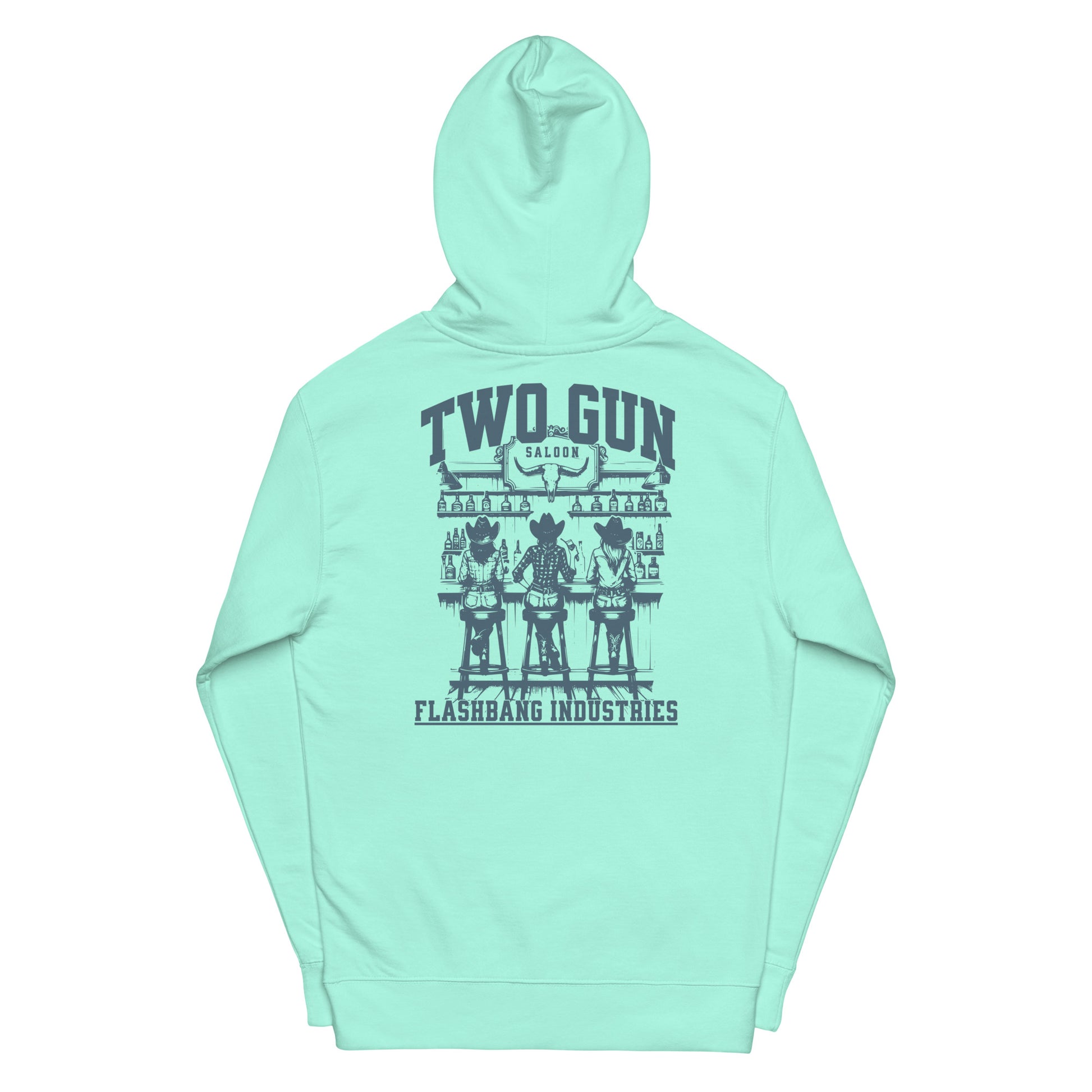 Mint green hoodie with graphic design on the back on a white background