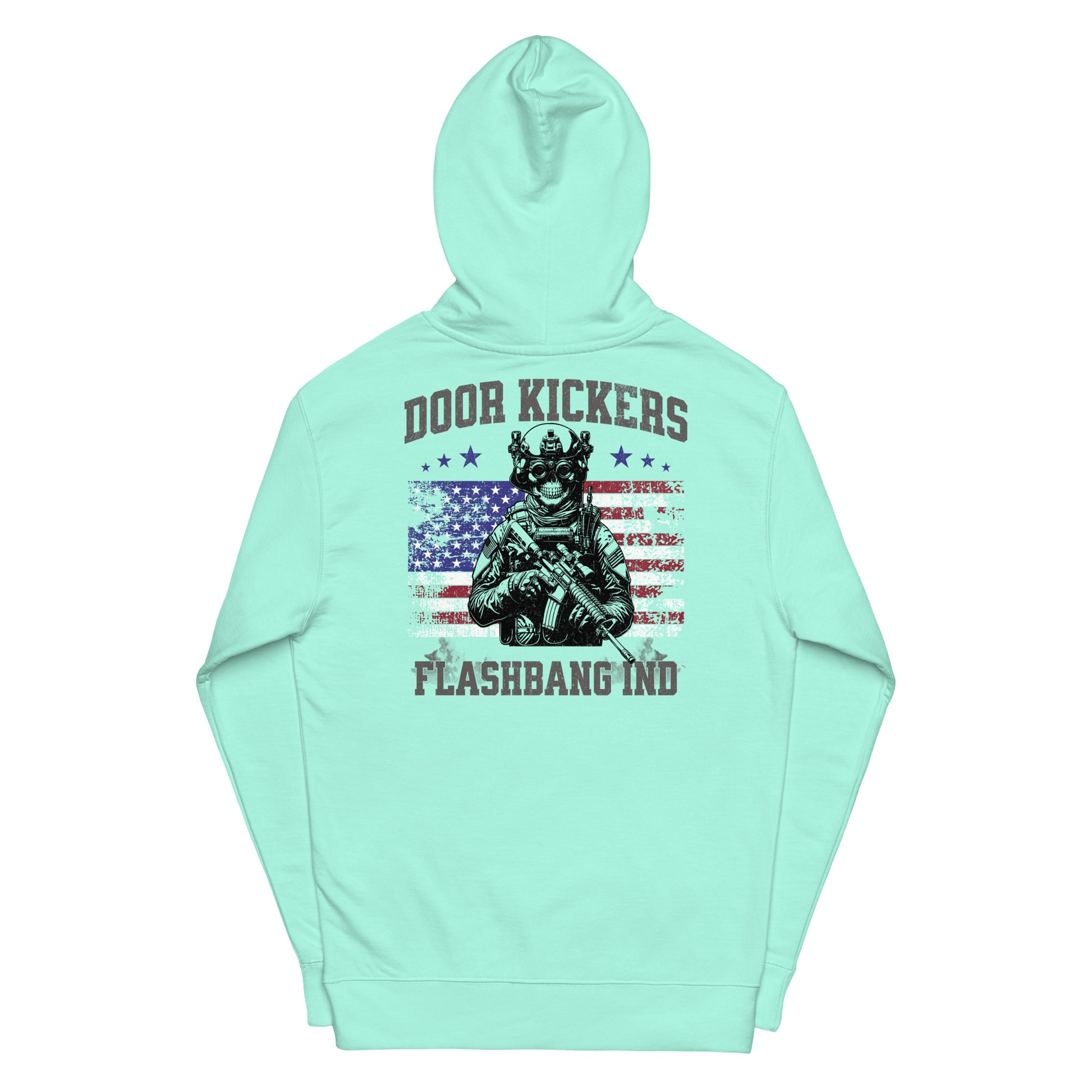 Mint green hoodie with graphic design and text on a white background