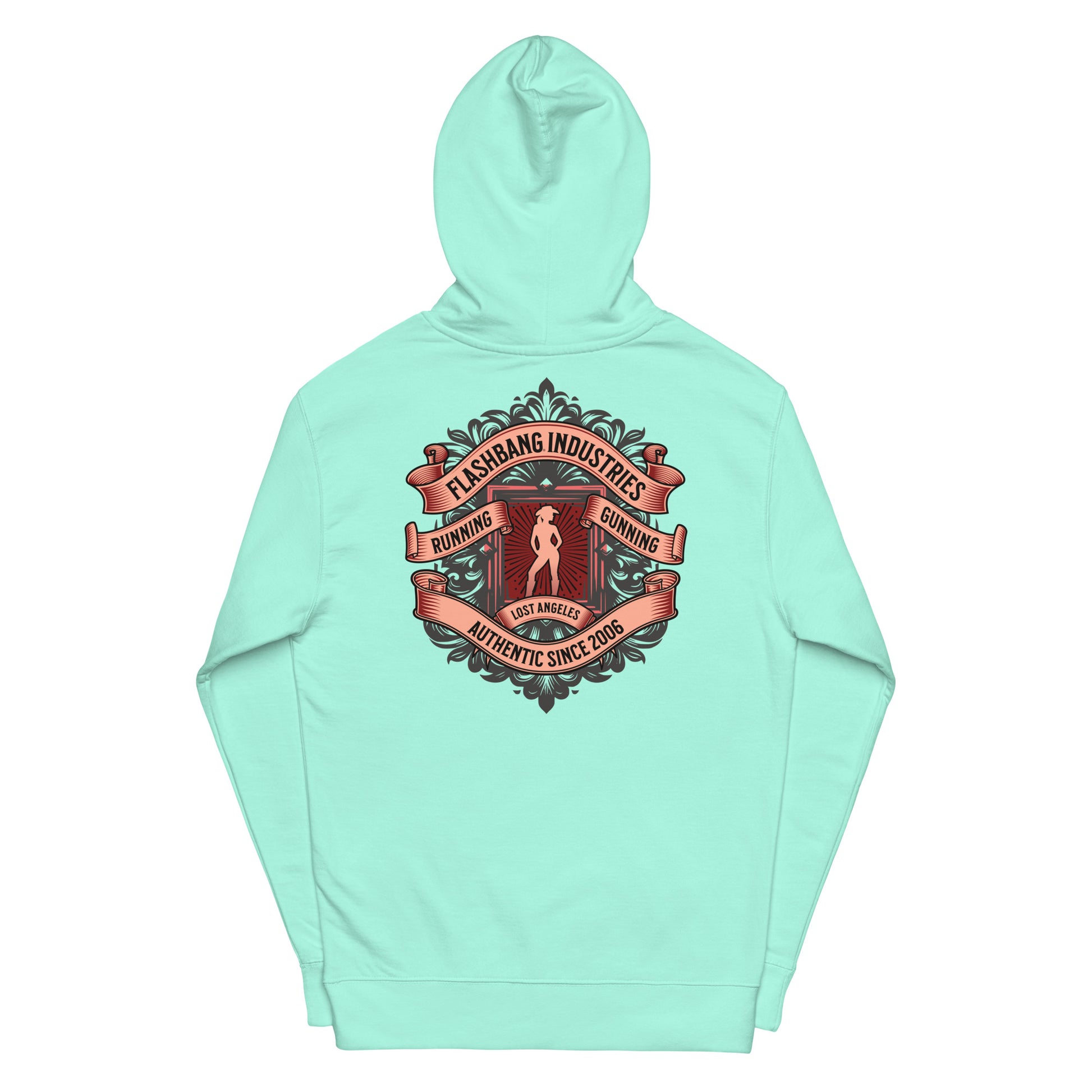 Mint green hoodie with a graphic design on the back against a white background