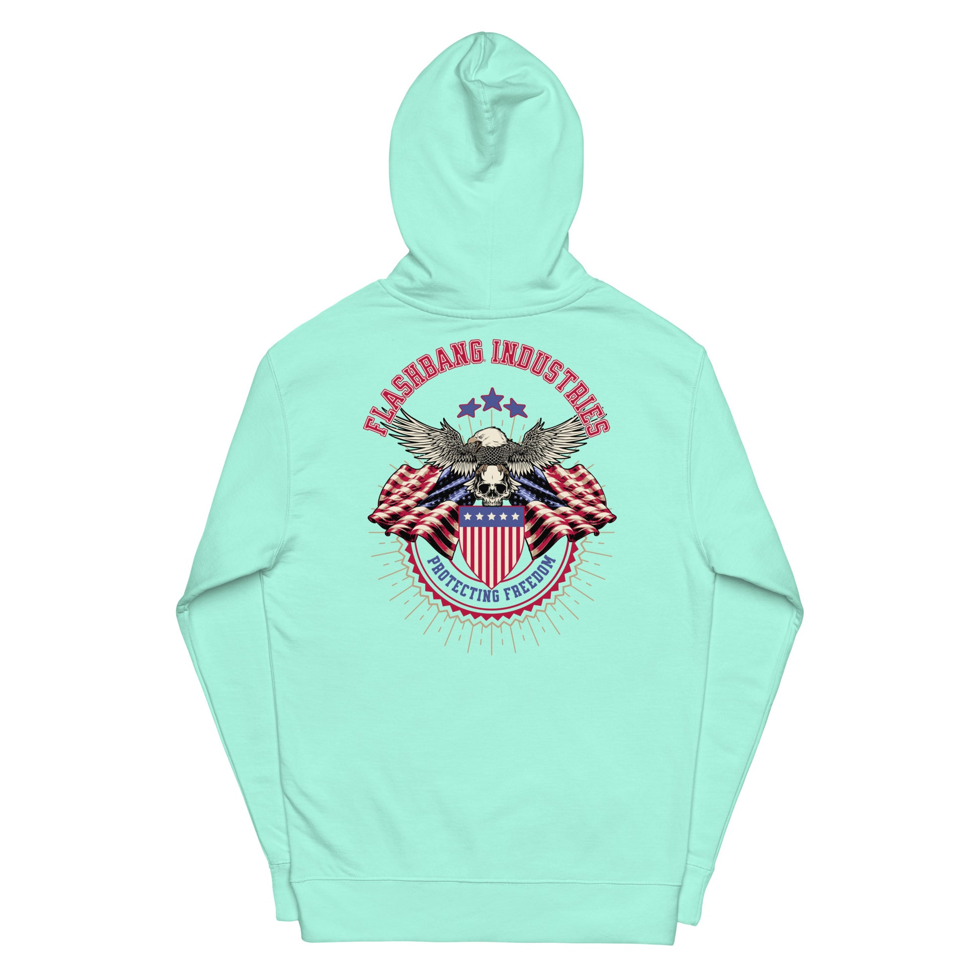 Mint green hoodie with an eagle and flag design on a white background