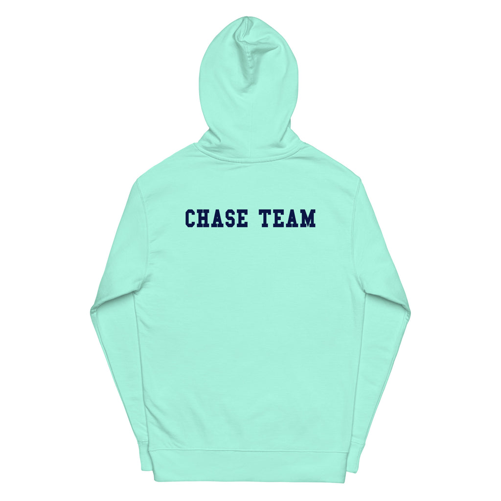 Mint green hoodie with 'CHASE TEAM' text on a white background