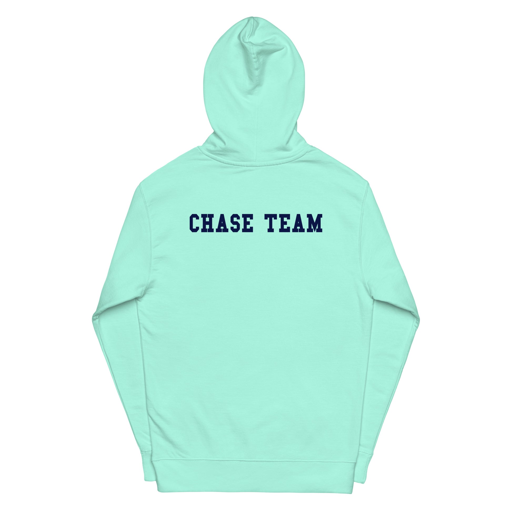 Mint green hoodie with 'CHASE TEAM' text on a white background