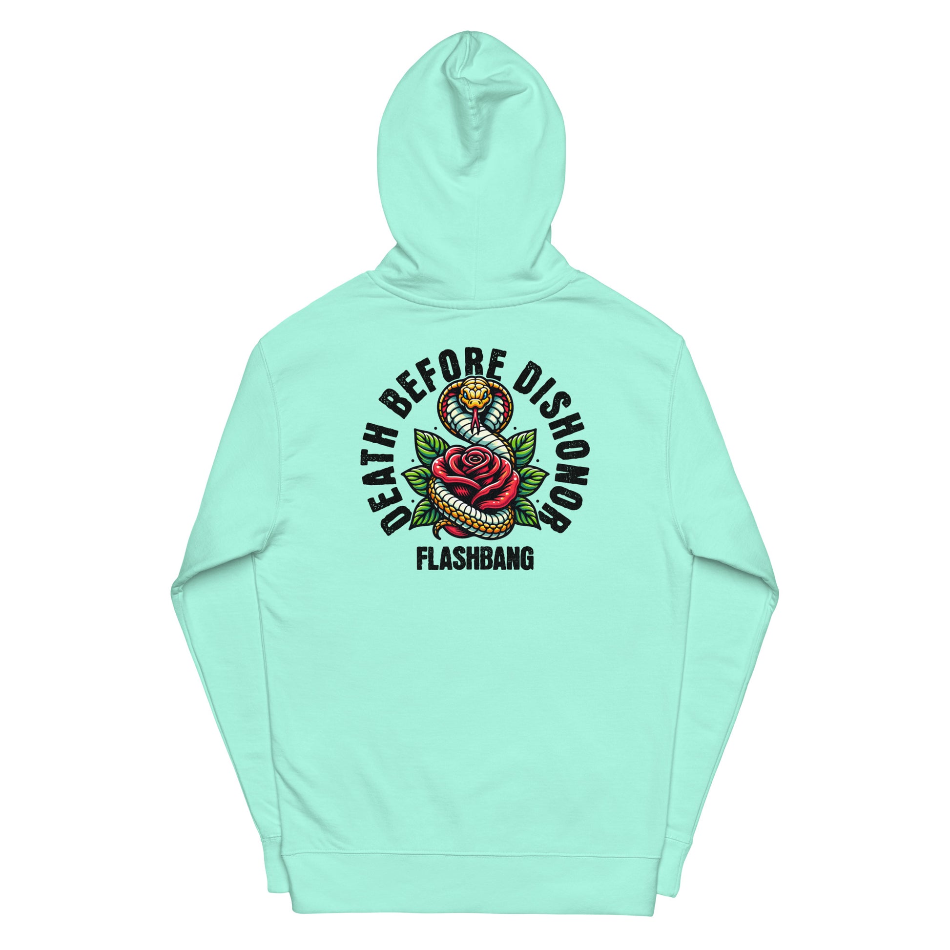 Mint green hoodie with 'Death Before Dishonor Flashbang' design on the back against a white background