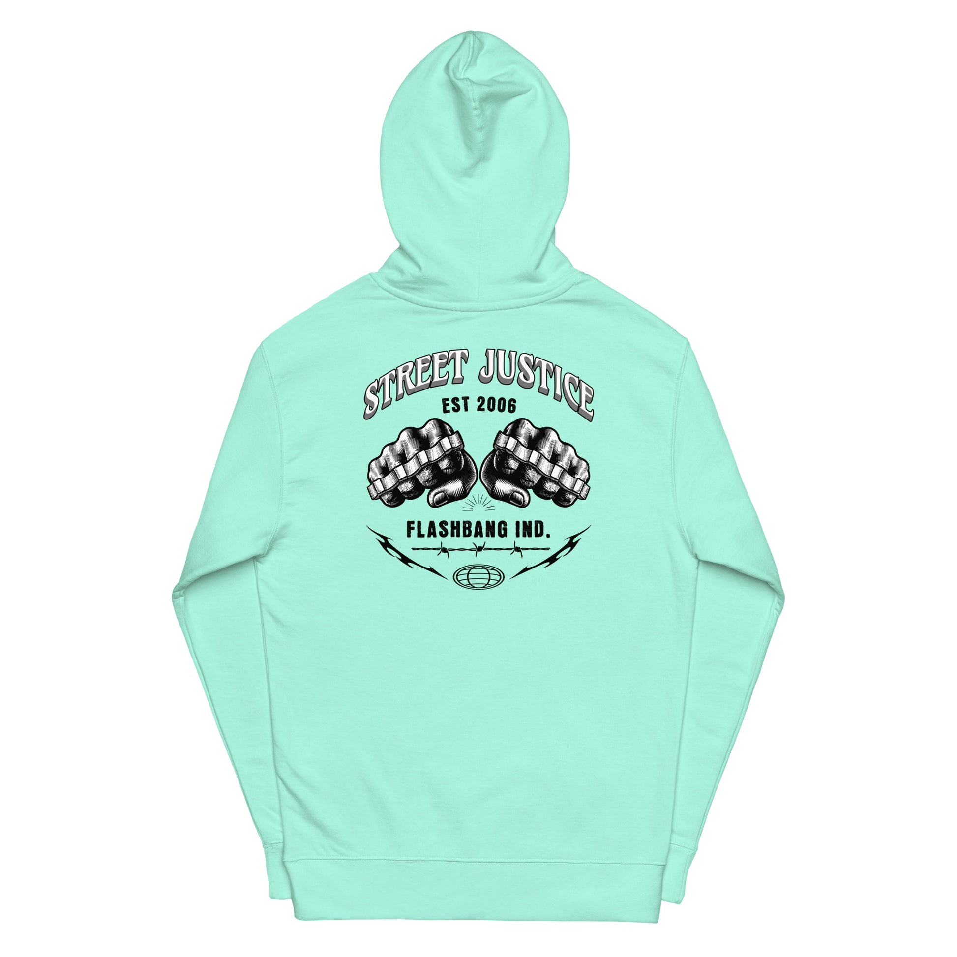 Mint green hoodie with 'Street Justice' and 'Flashbang Ind.' text and graphic on a white background