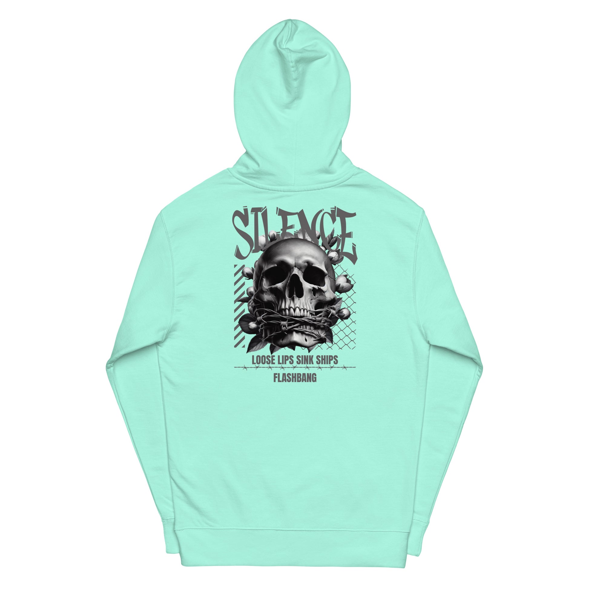 Mint green hoodie with skull graphic and text on a white background