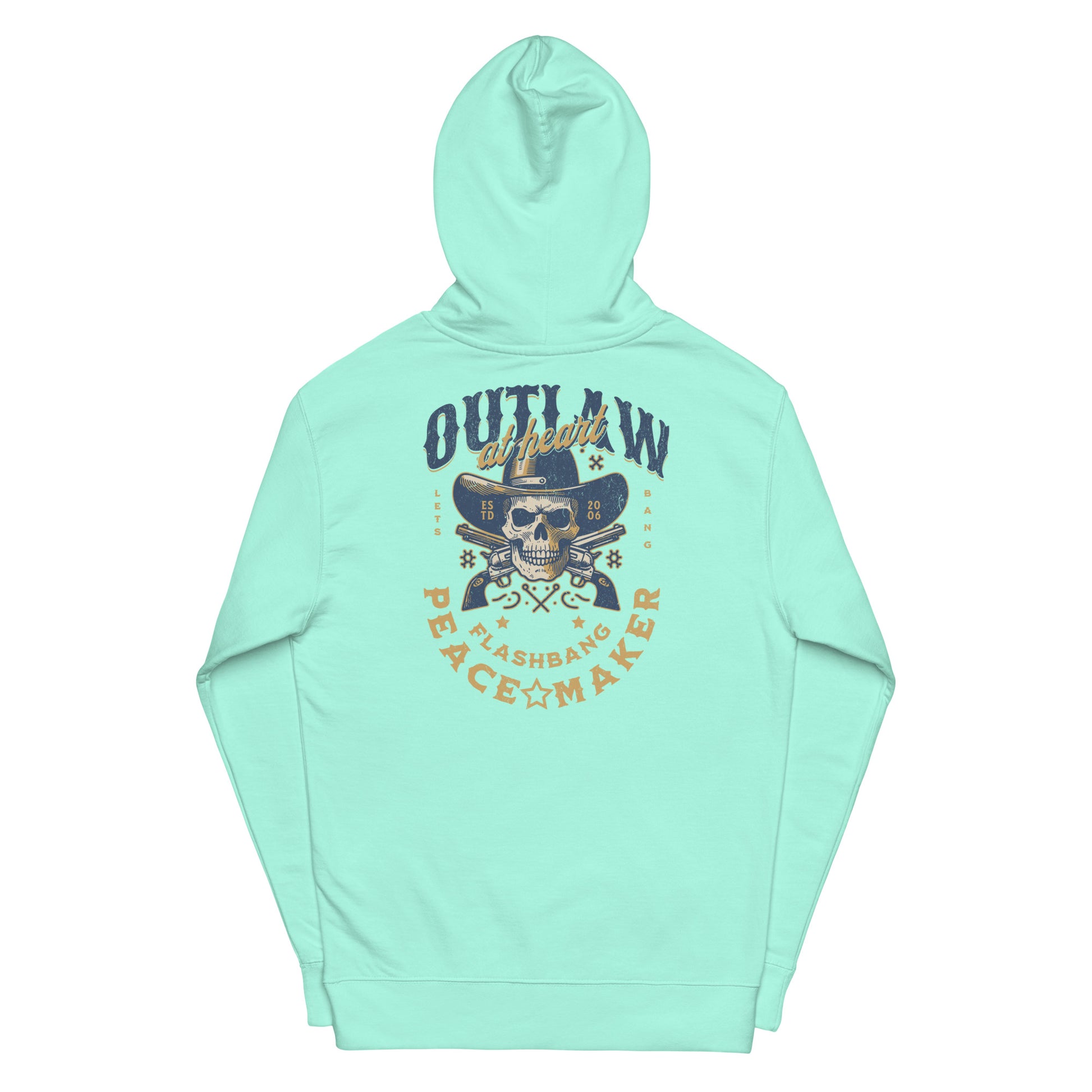 Mint green hoodie with graphic design on a white background