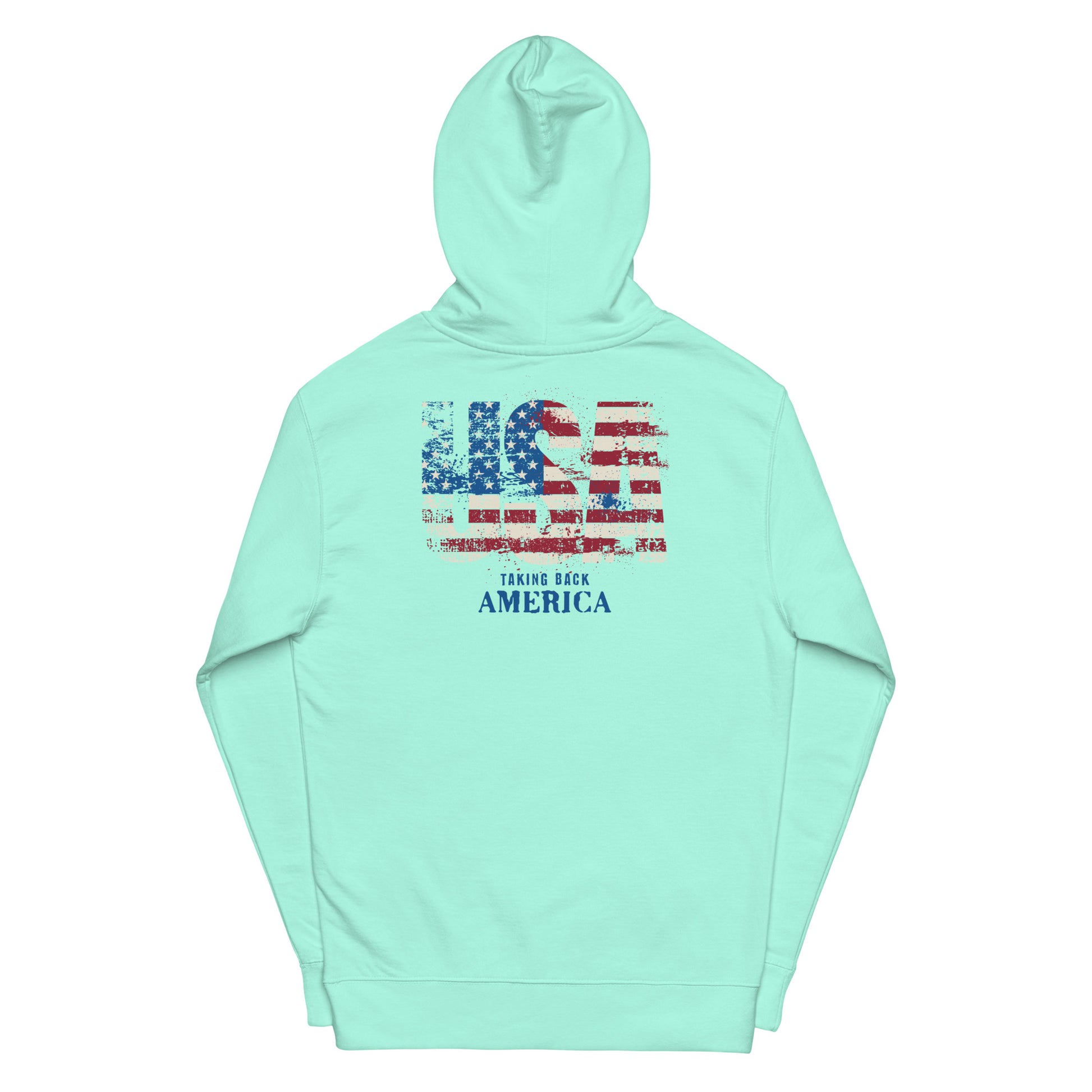 Mint green hoodie with American flag design on a white background
