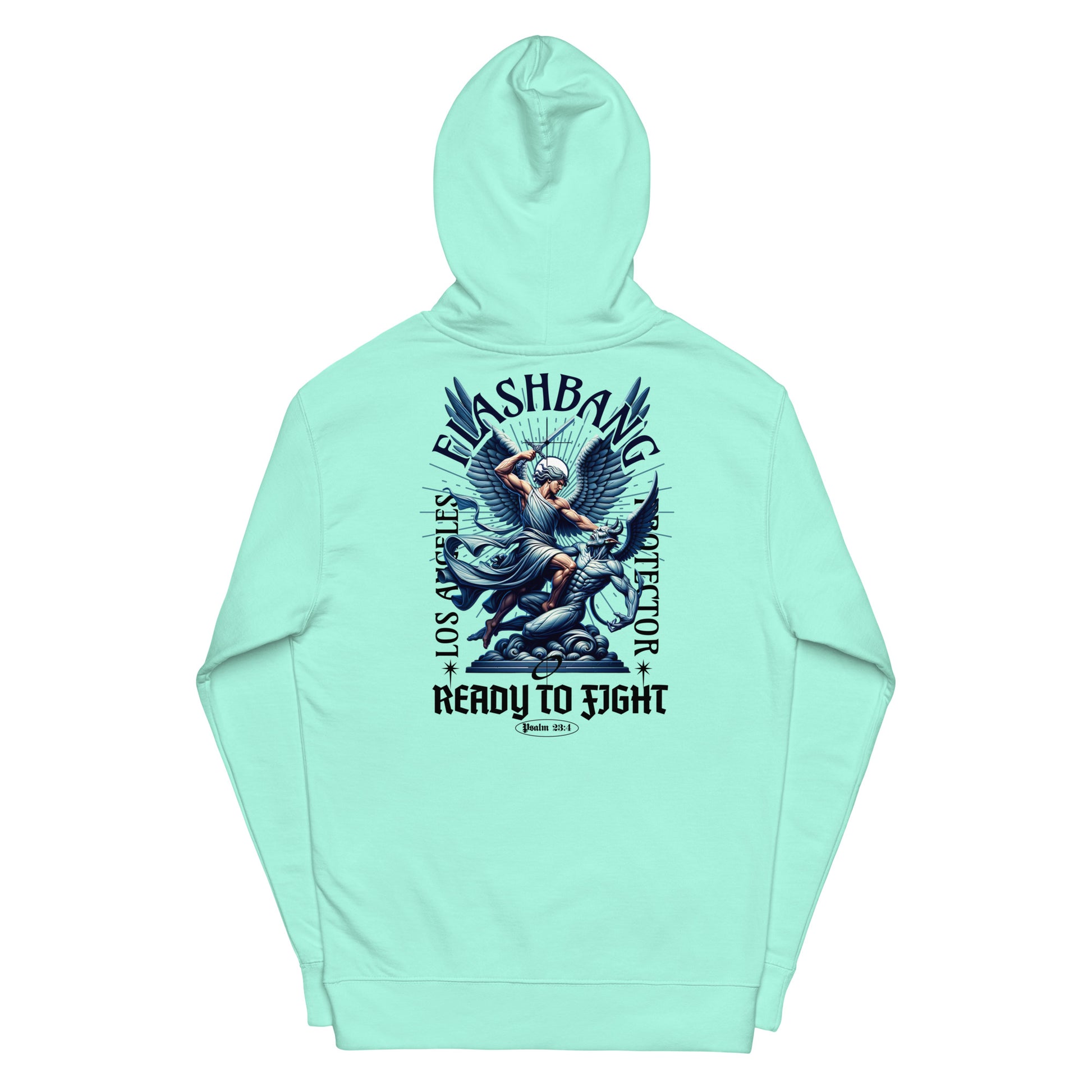 Mint green hoodie with graphic design on a white background