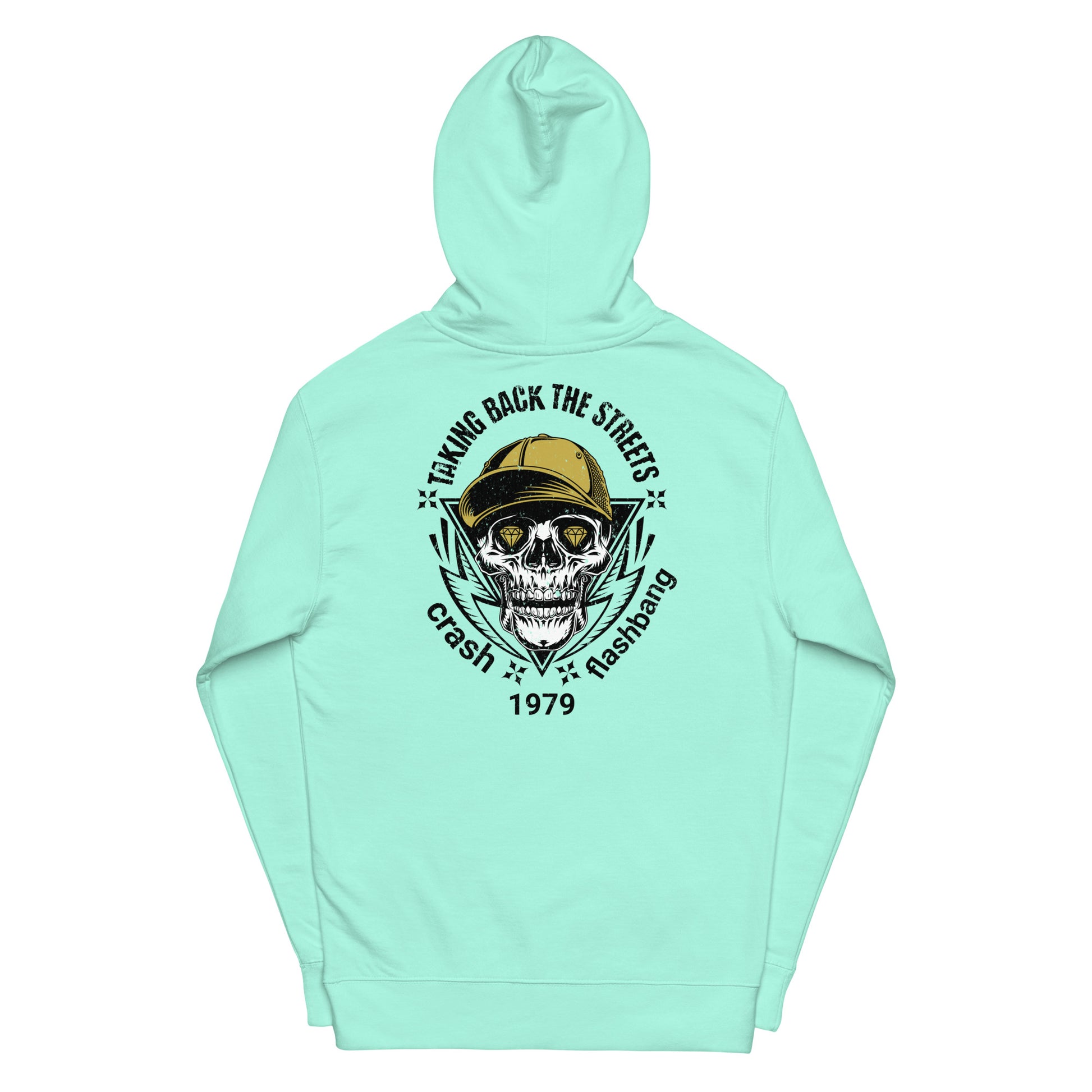 Mint green hoodie with a skull and text design on a white background