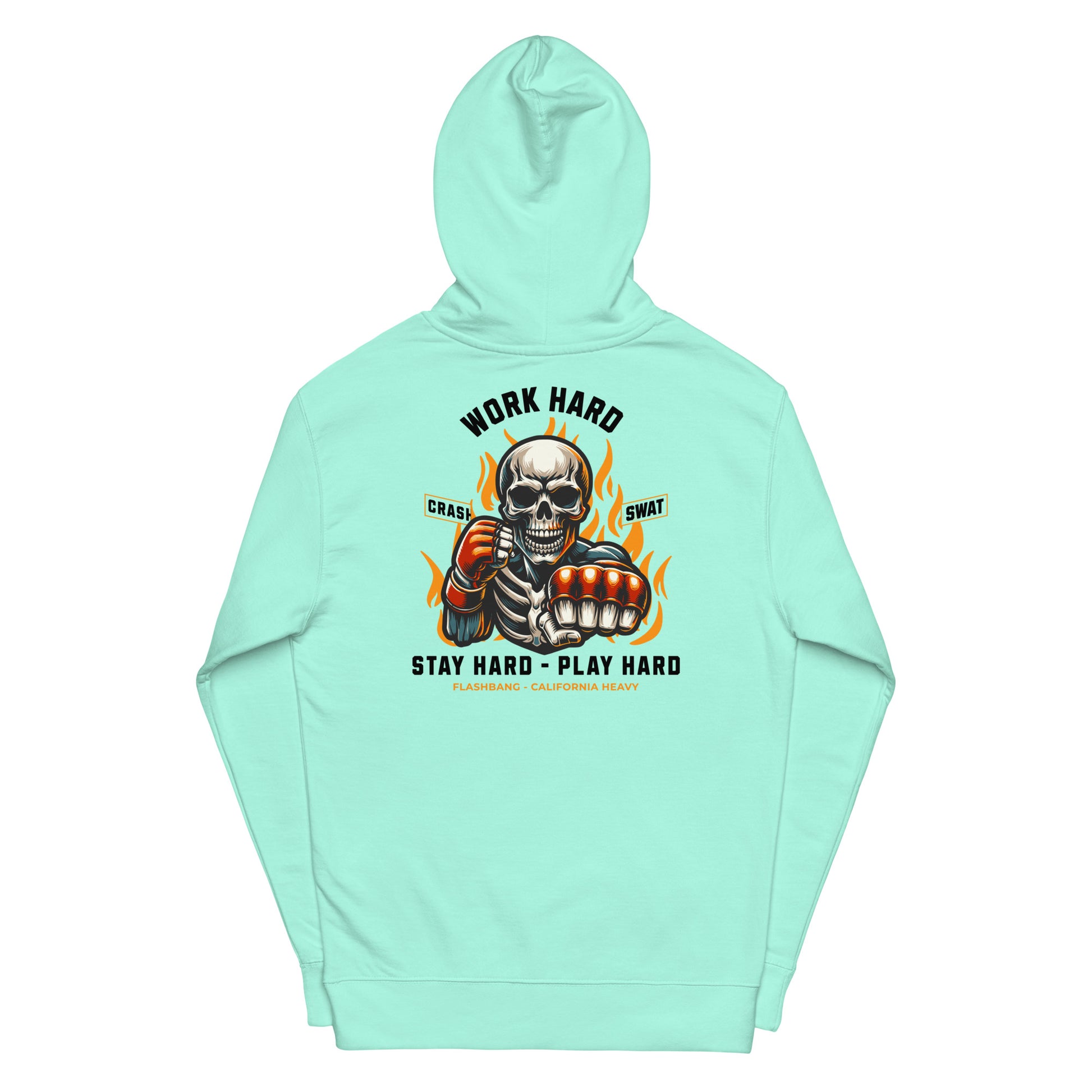 Mint green hoodie with a skeleton design and text on the back against a white background