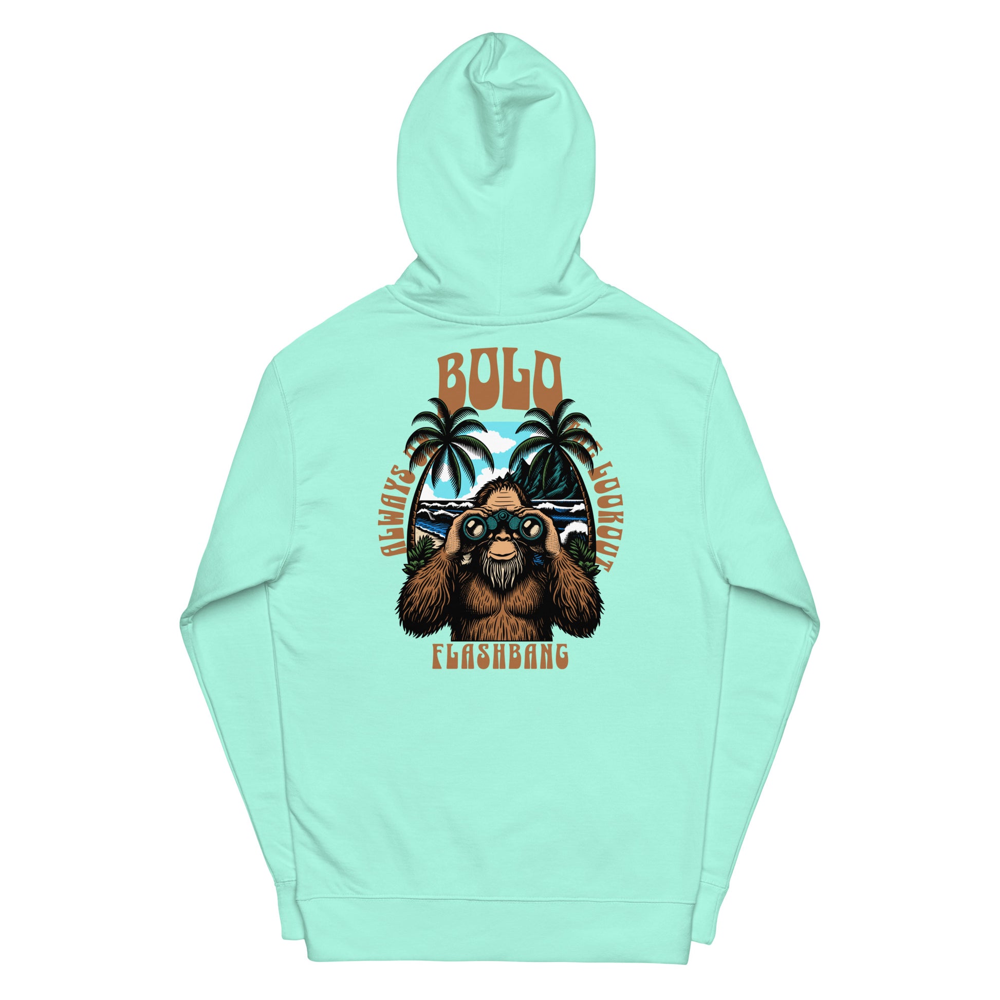Mint green hoodie with a bear graphic and text on a white background