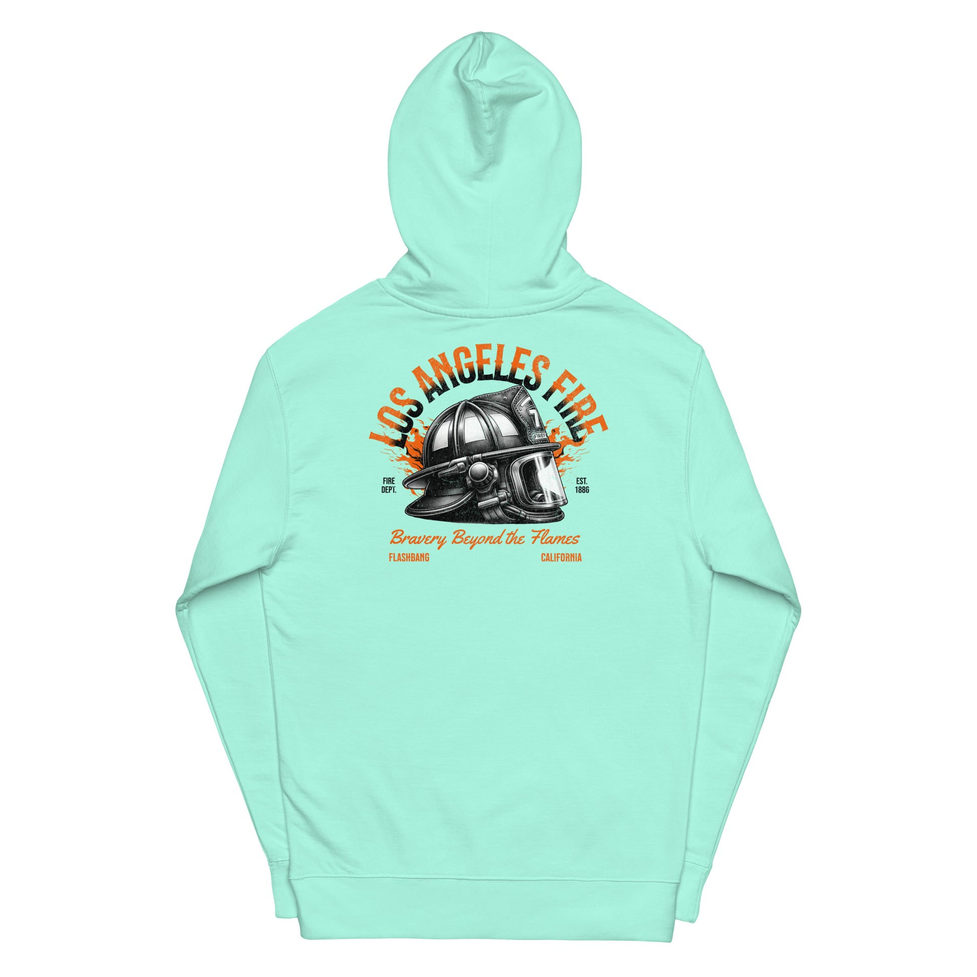 Mint green hoodie with 'Los Angeles Fire' graphic on a white background